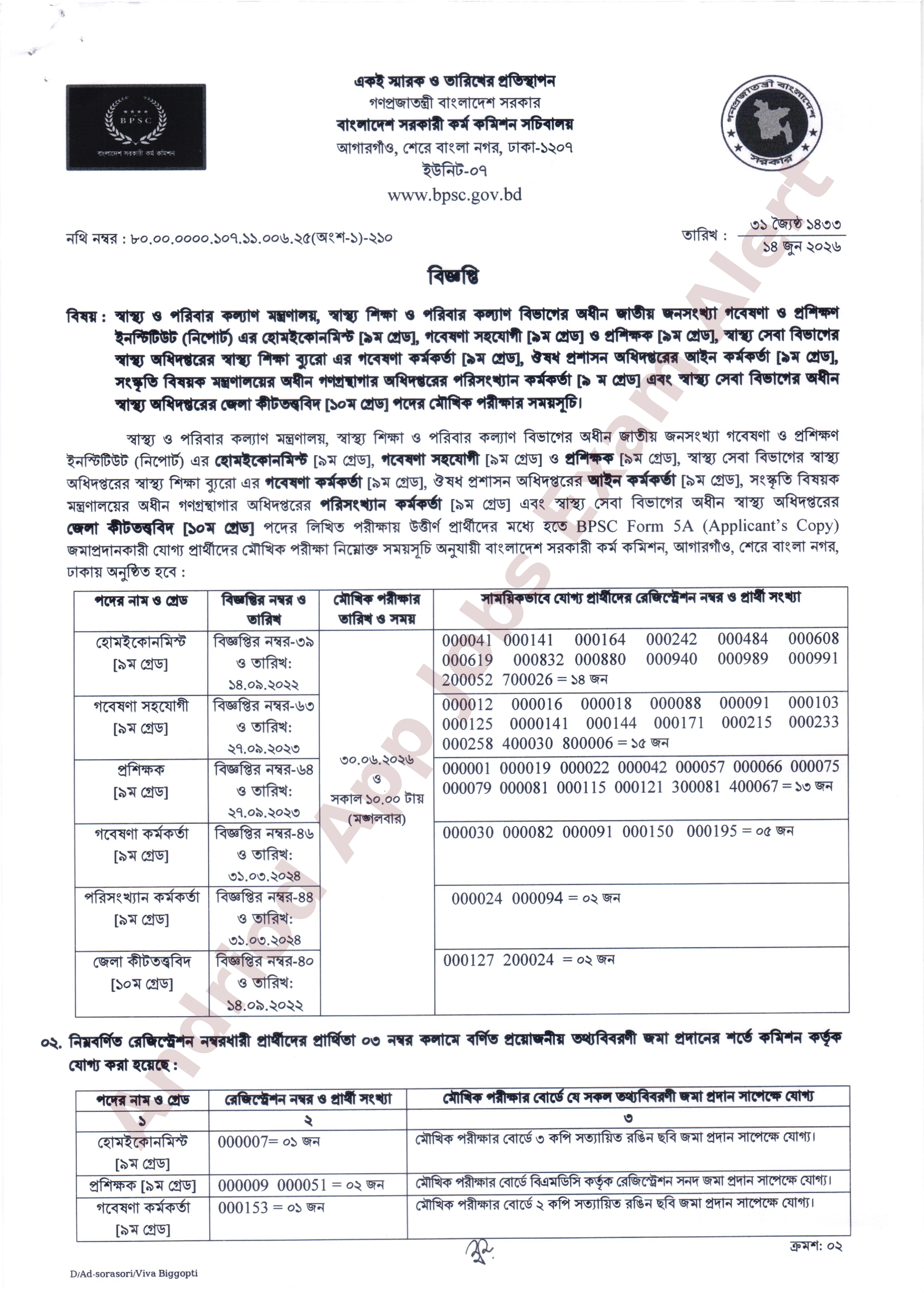 বাংলাদেশ সরকারি কর্ম কমিশনের বিভিন্ন পদের মৌখিক পরীক্ষার সময়সূচি প্রকাশ