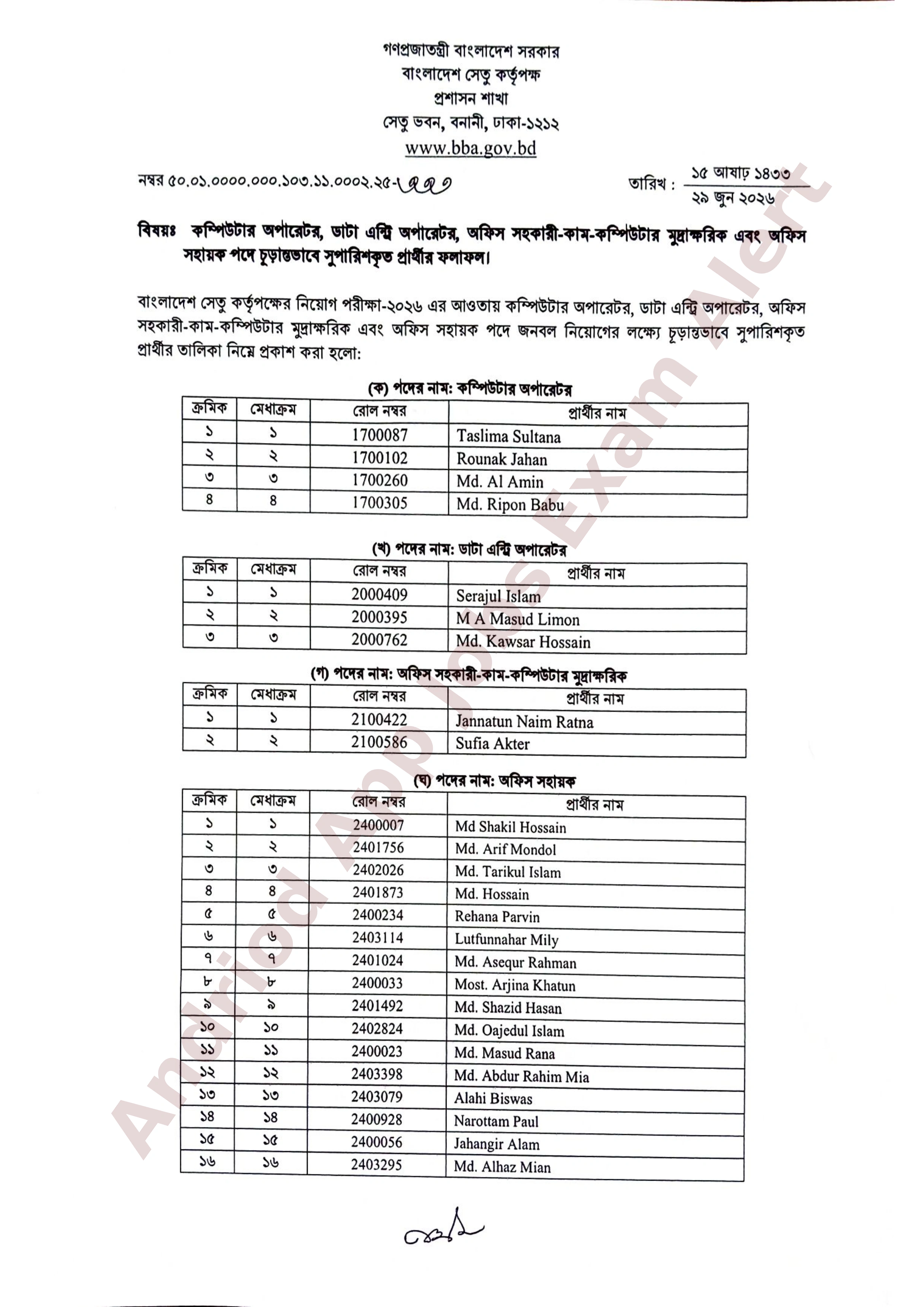 বাংলাদেশ সেতু কর্তৃপক্ষের চাকরির পরীক্ষার চূড়ান্ত ফলাফল প্রকাশ
