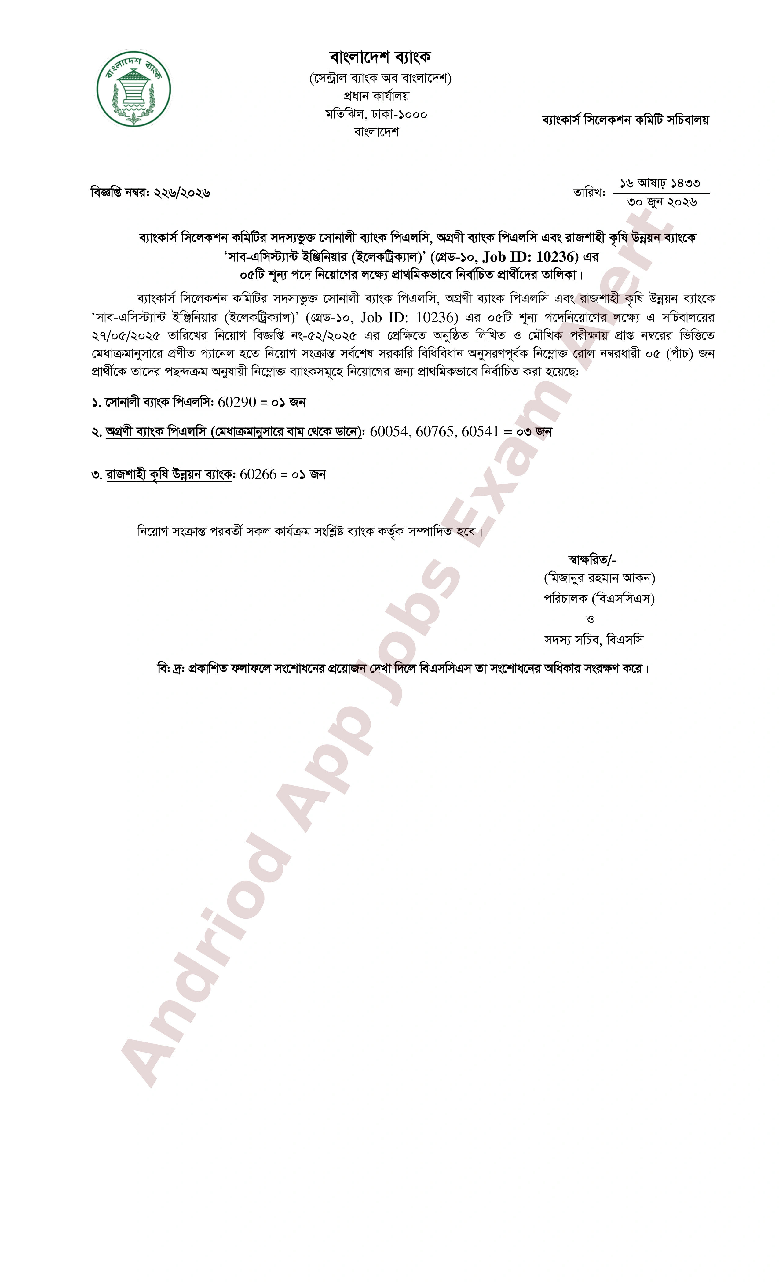 ব্যাংকার্স সিলেকশন কমিটির বিভিন্ন ব্যাংকের চূরান্ত ফলাফল প্রকাশ