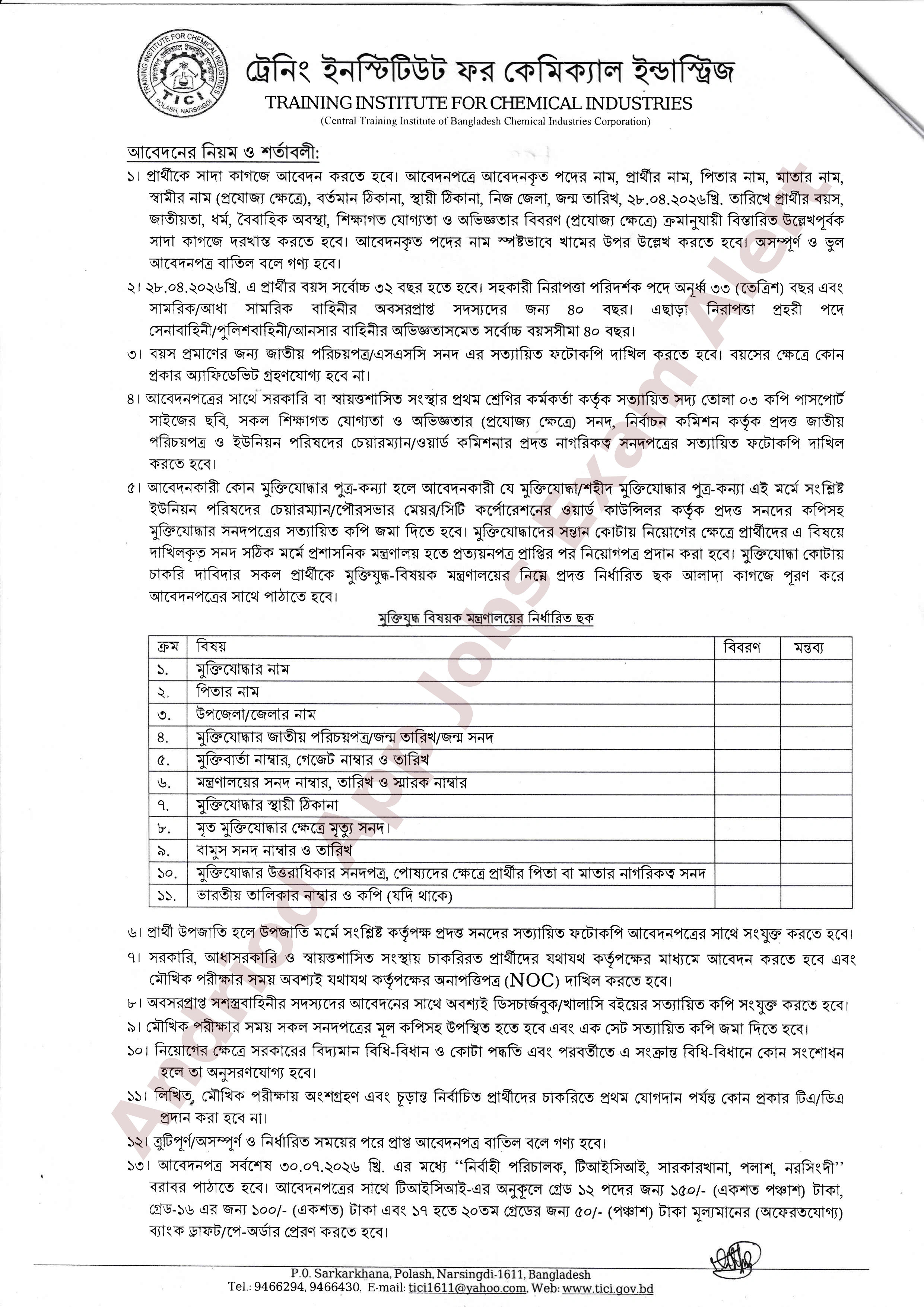 ট্রেনিং ইনস্টিটিউট ফর কেমিক্যাল ইন্ডাস্ট্রিজ (TICI) এর পুনঃ নিয়োগ বিজ্ঞপ্তি প্রকাশ