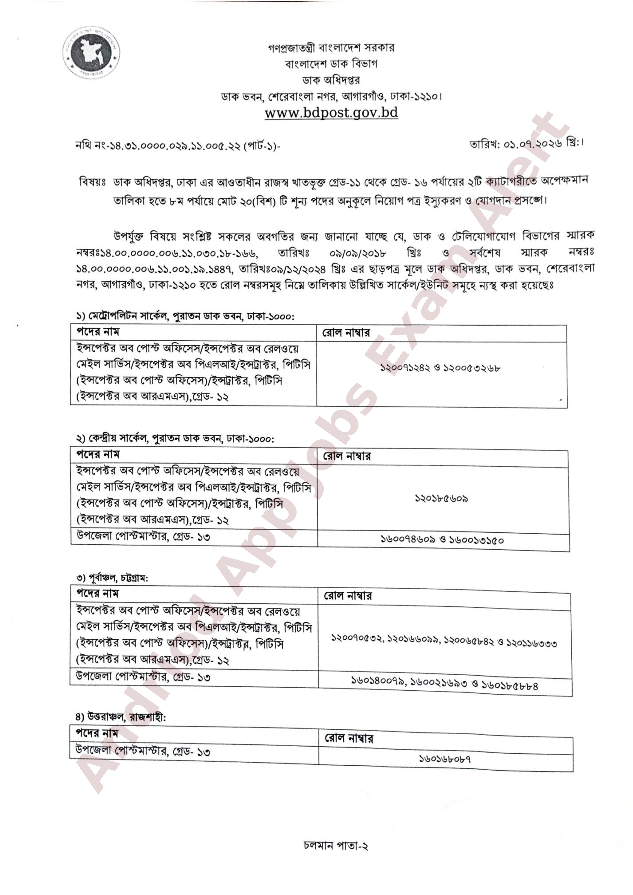 ডাক অধিদপ্তরের নিয়োগ ও যোগদান সংক্রান্ত নোটিশ প্রকাশ
