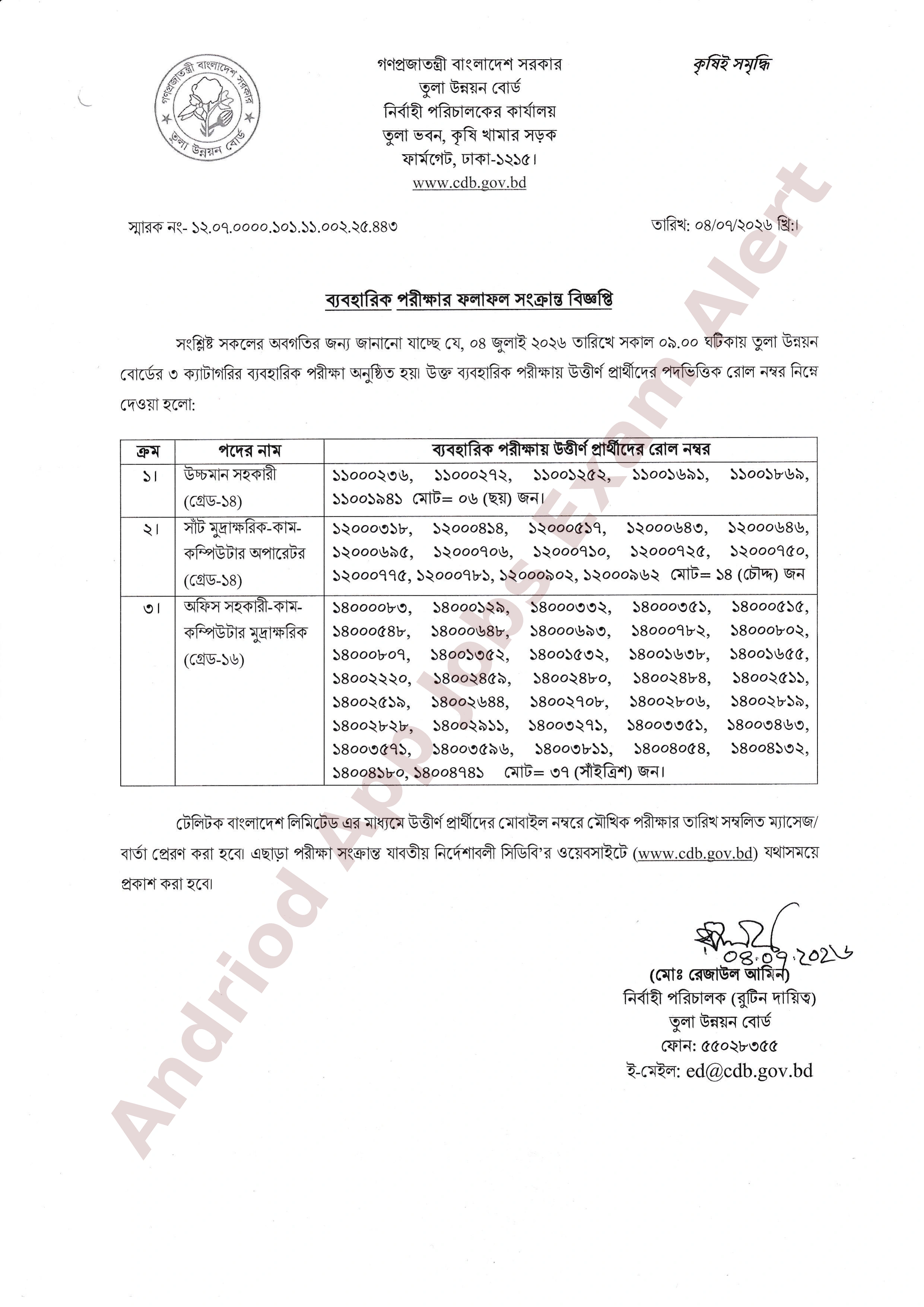তুলা উন্নয়ন বোর্ডের চাকরির ব্যবহারিক পরীক্ষার ফলাফল প্রকাশ