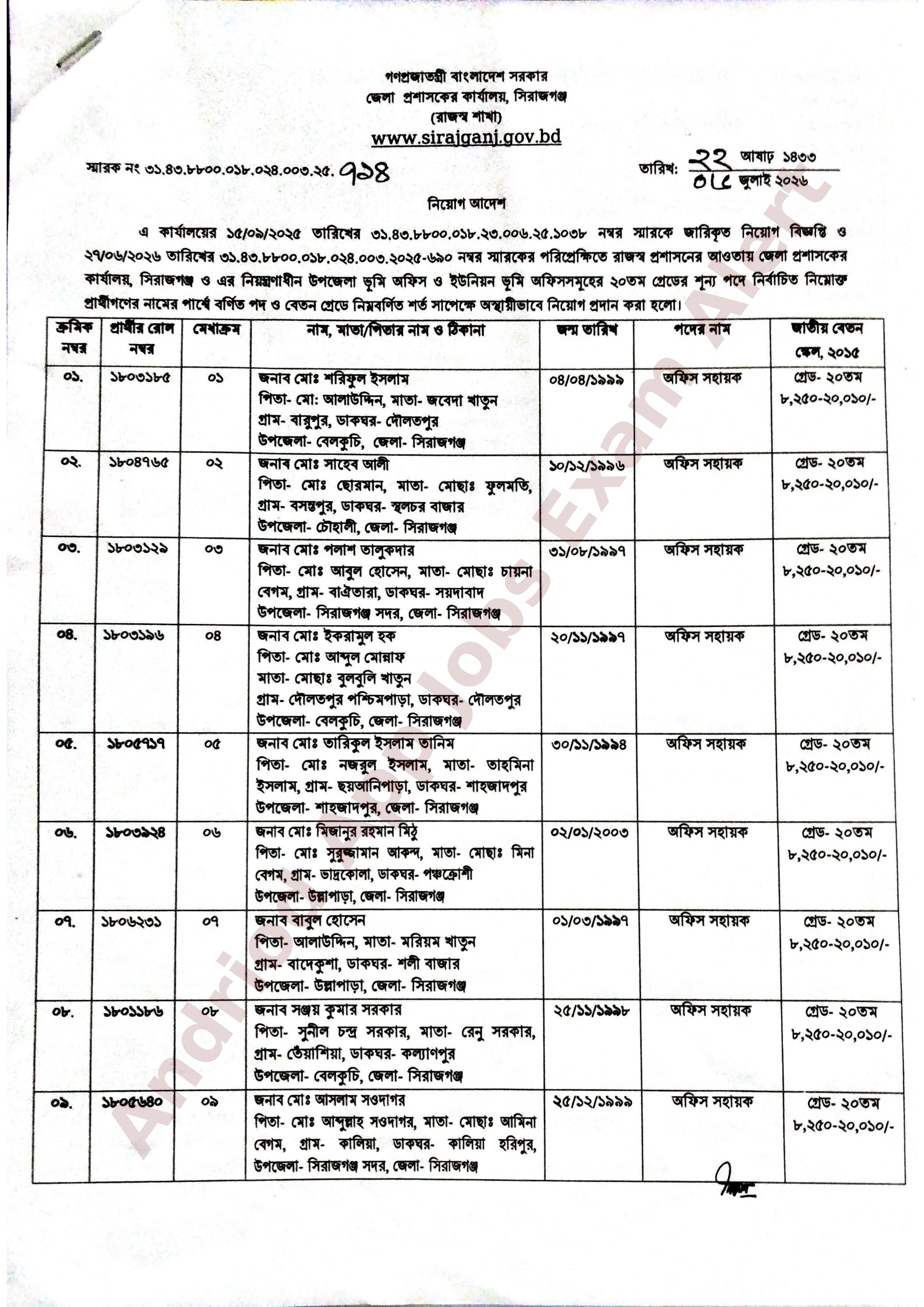 সিরাজগঞ্জ জেলা প্রশাসকের কার্যালয়ের নিয়োগ পরীক্ষার ফলাফল প্রকাশ