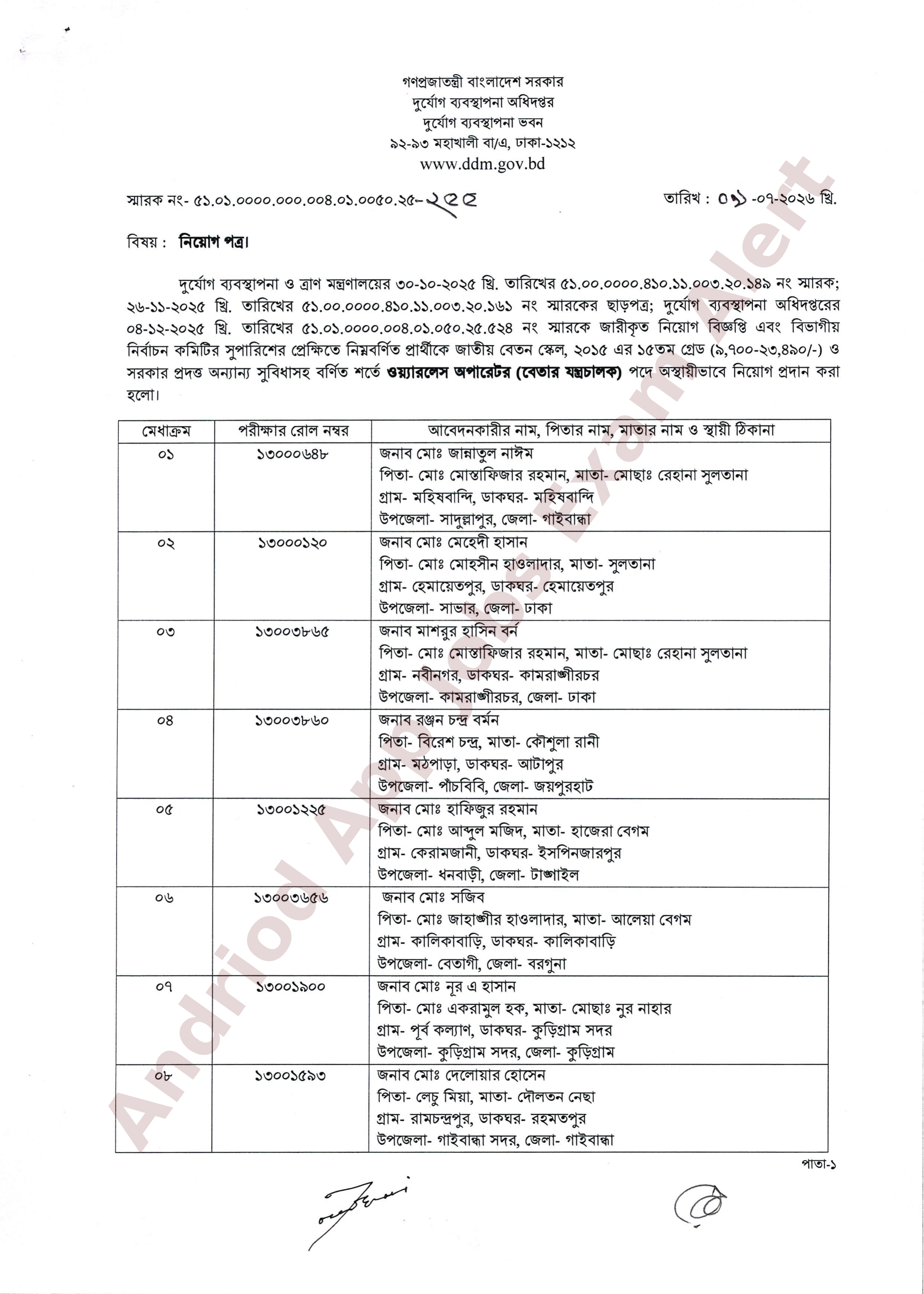 দুর্যোগ ব্যবস্থাপনা অধিদপ্তরের নিয়োগের চূড়ান্ত ফলাফল প্রকাশ