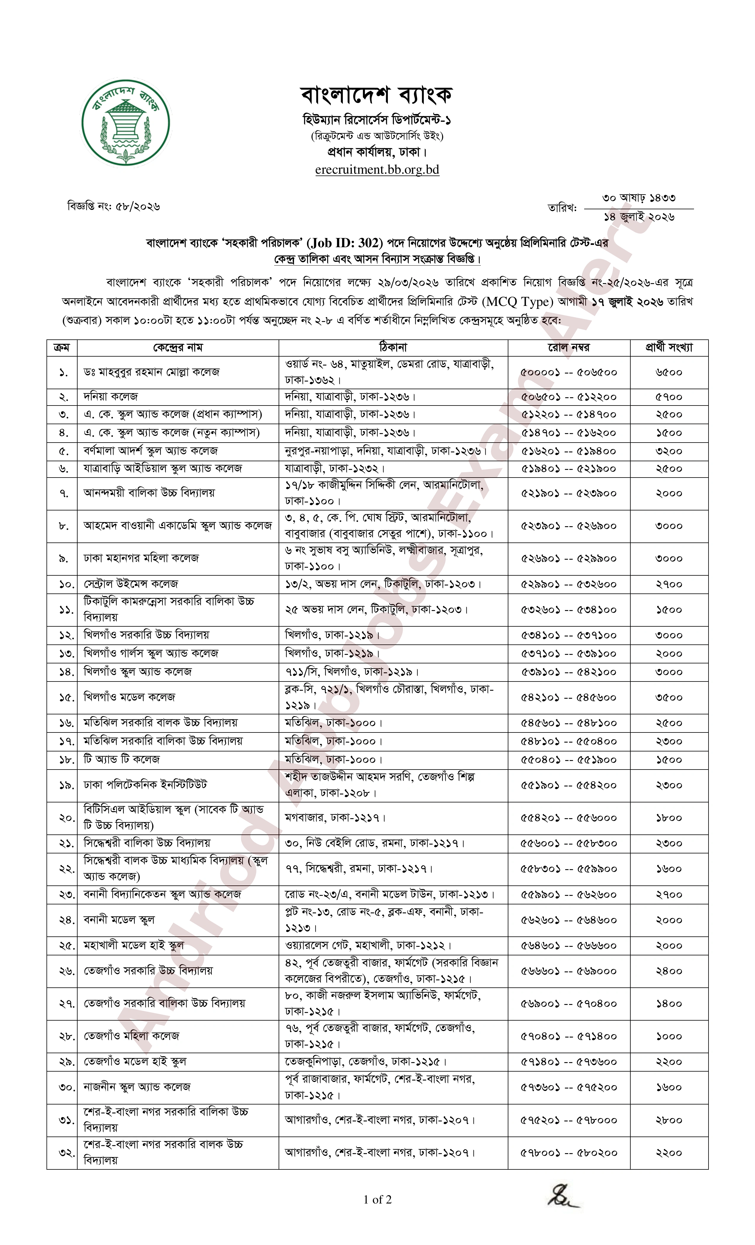 বাংলাদেশ ব্যাংকের (সহকারী পরিচালক) পদের MCQ পরীক্ষার সময়সূচি কেন্দ্র তালিকা ও আসন বিন্যাস প্রকাশ