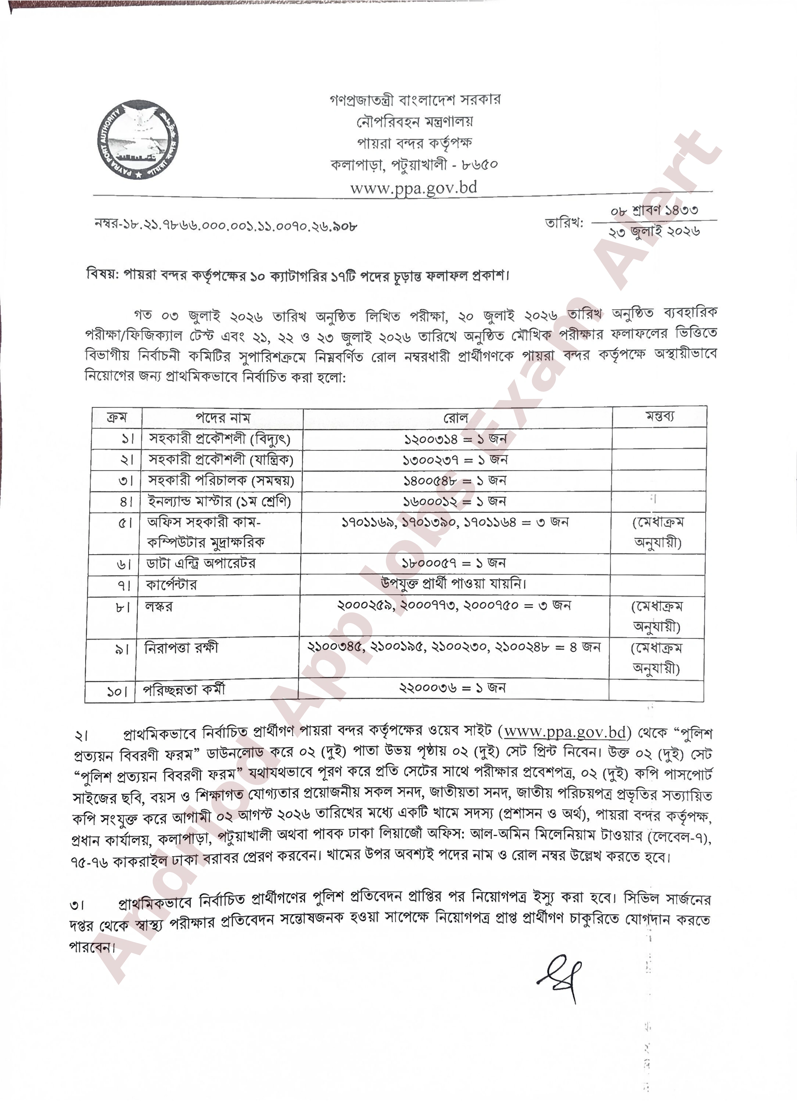 পায়রা বন্দর কর্তৃপক্ষের বিভিন্ন পদের চাকরির চূড়ান্ত ফলাফল প্রকাশ
