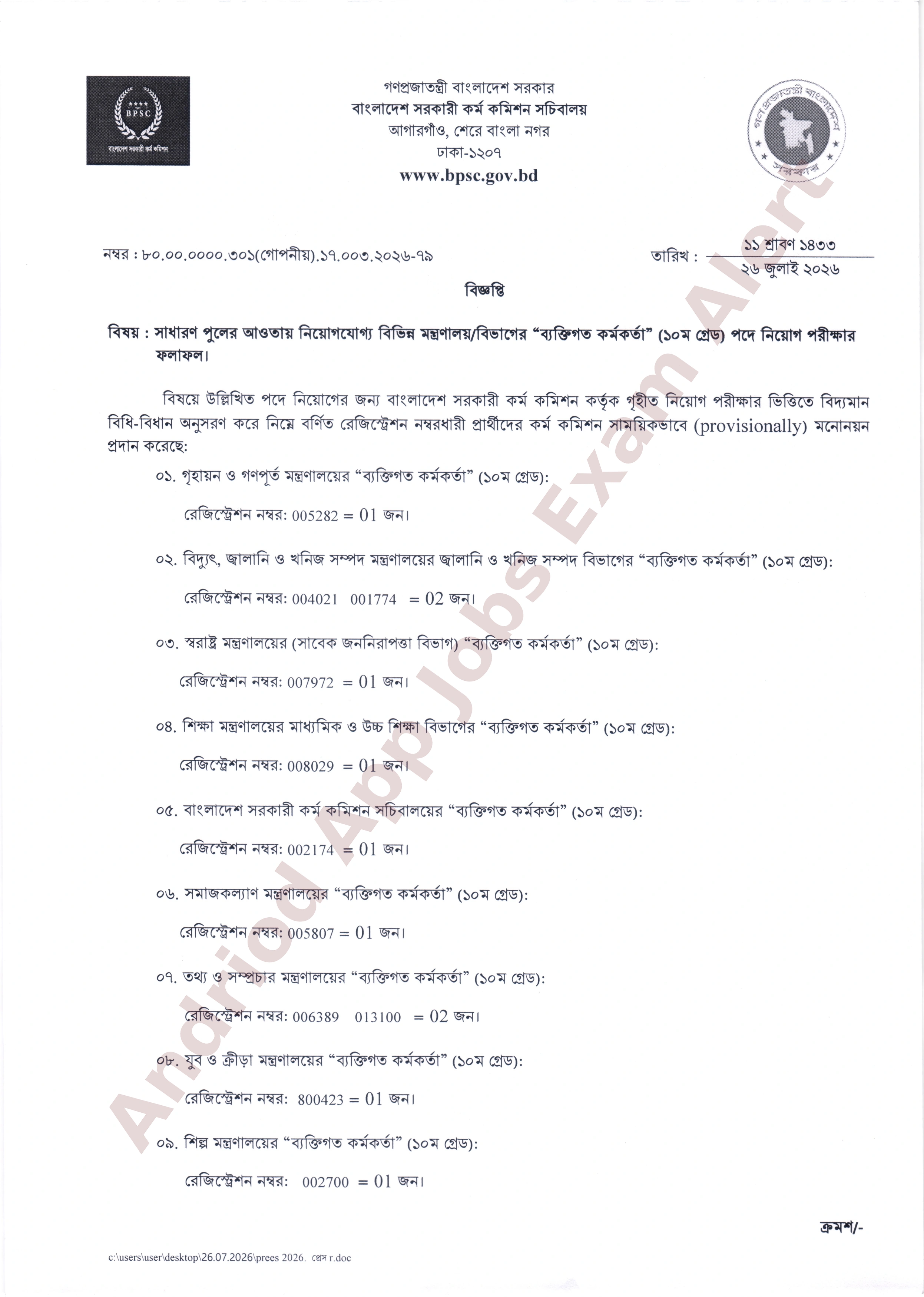 বাংলাদেশ সরকারি কর্ম কমিশনের (বিপিএসসি) নিয়োগ পরীক্ষার ফলাফল প্রকাশ