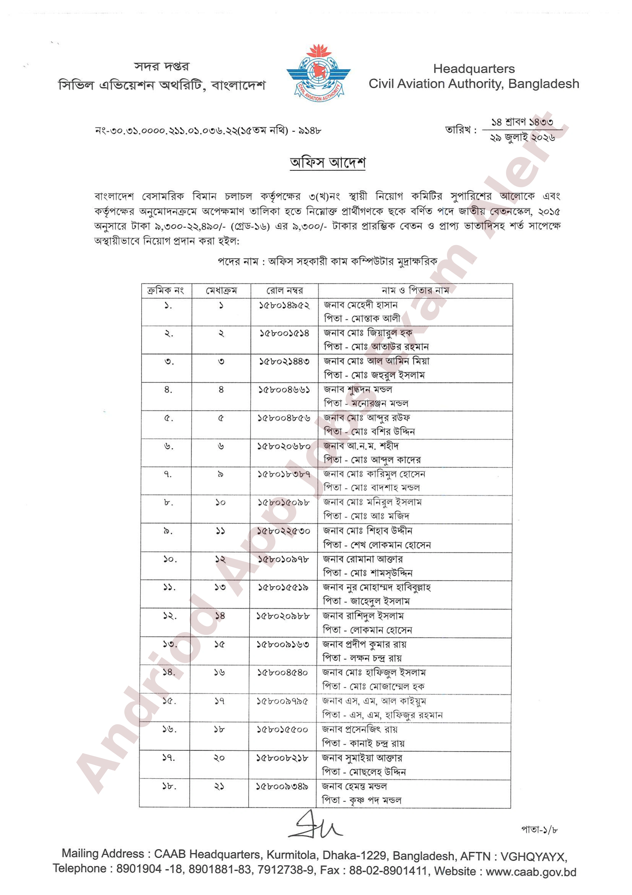 বাংলাদেশ বেসামরিক বিমান চলাচল কর্তৃপক্ষের অপেক্ষমাণ তালিকা হতে চূরান্ত ফলাফল প্রকাশ