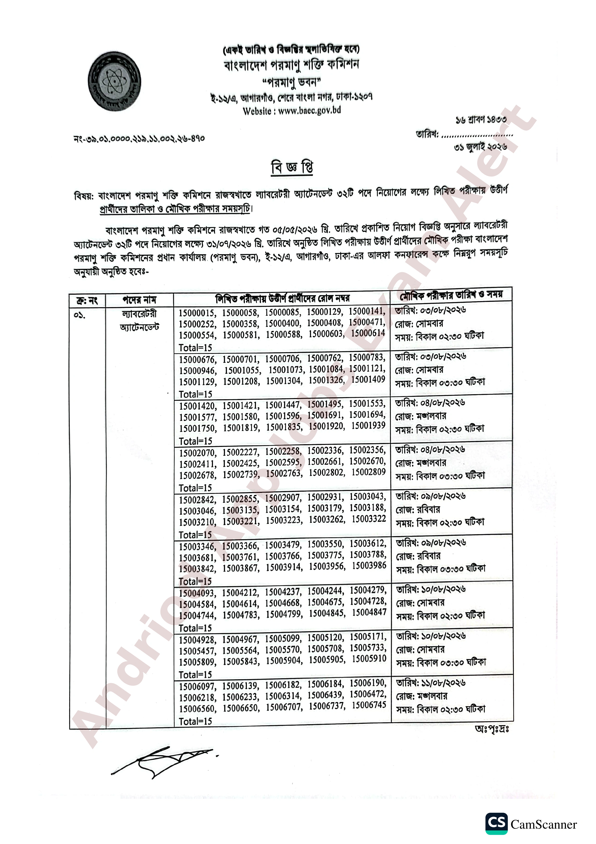 বাংলাদেশ পরমাণু শক্তি কমিশনের চাকরির পরীক্ষার ফলাফল ও মৌখিক পরীক্ষার সময়সূচি প্রকাশ