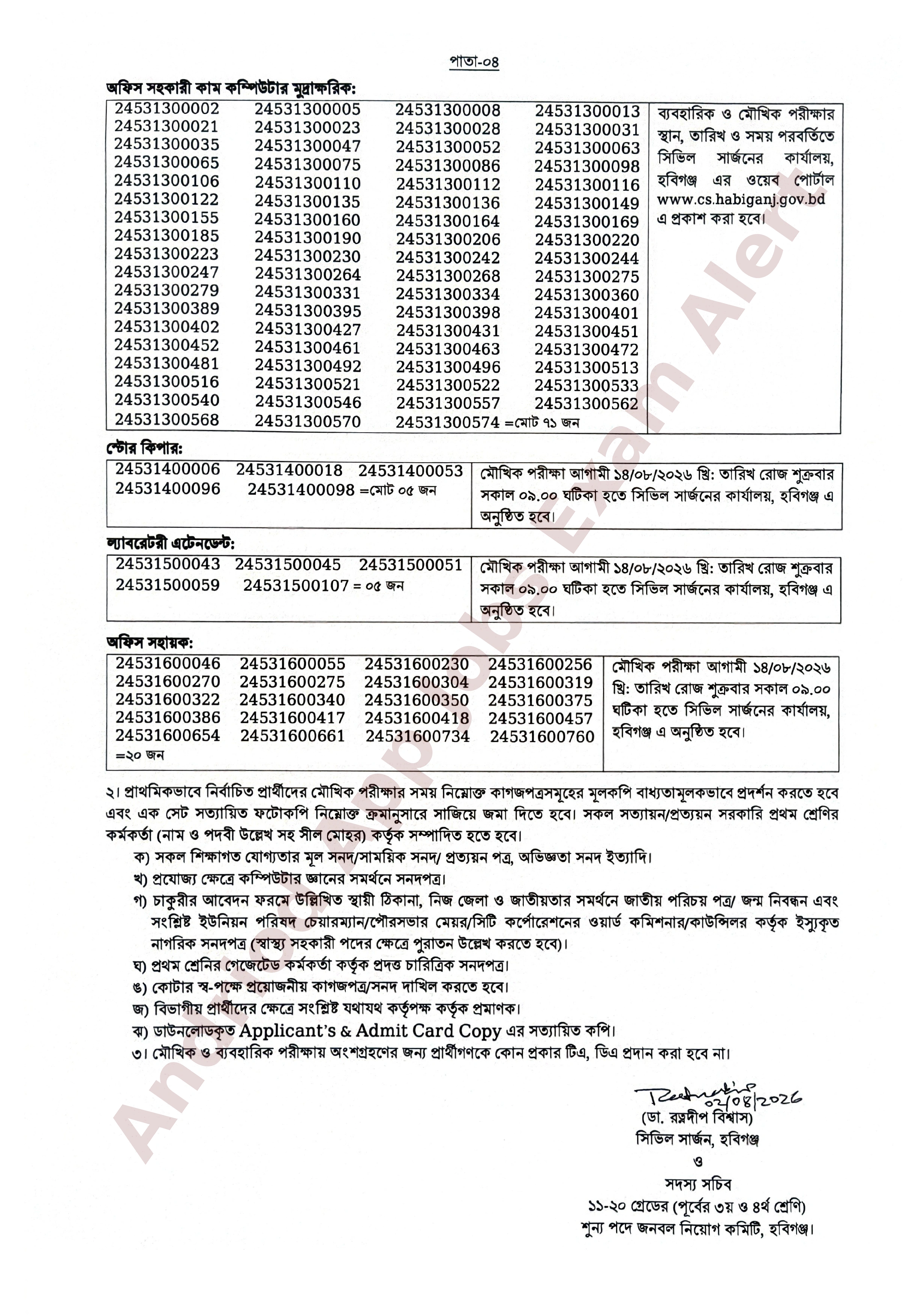 সিভিল সার্জনের কার্যালয় হবিগঞ্জ-এর নিয়োগ পরীক্ষার ফলাফল ও মৌখিক পরীক্ষার সময়সূচী প্রকাশ