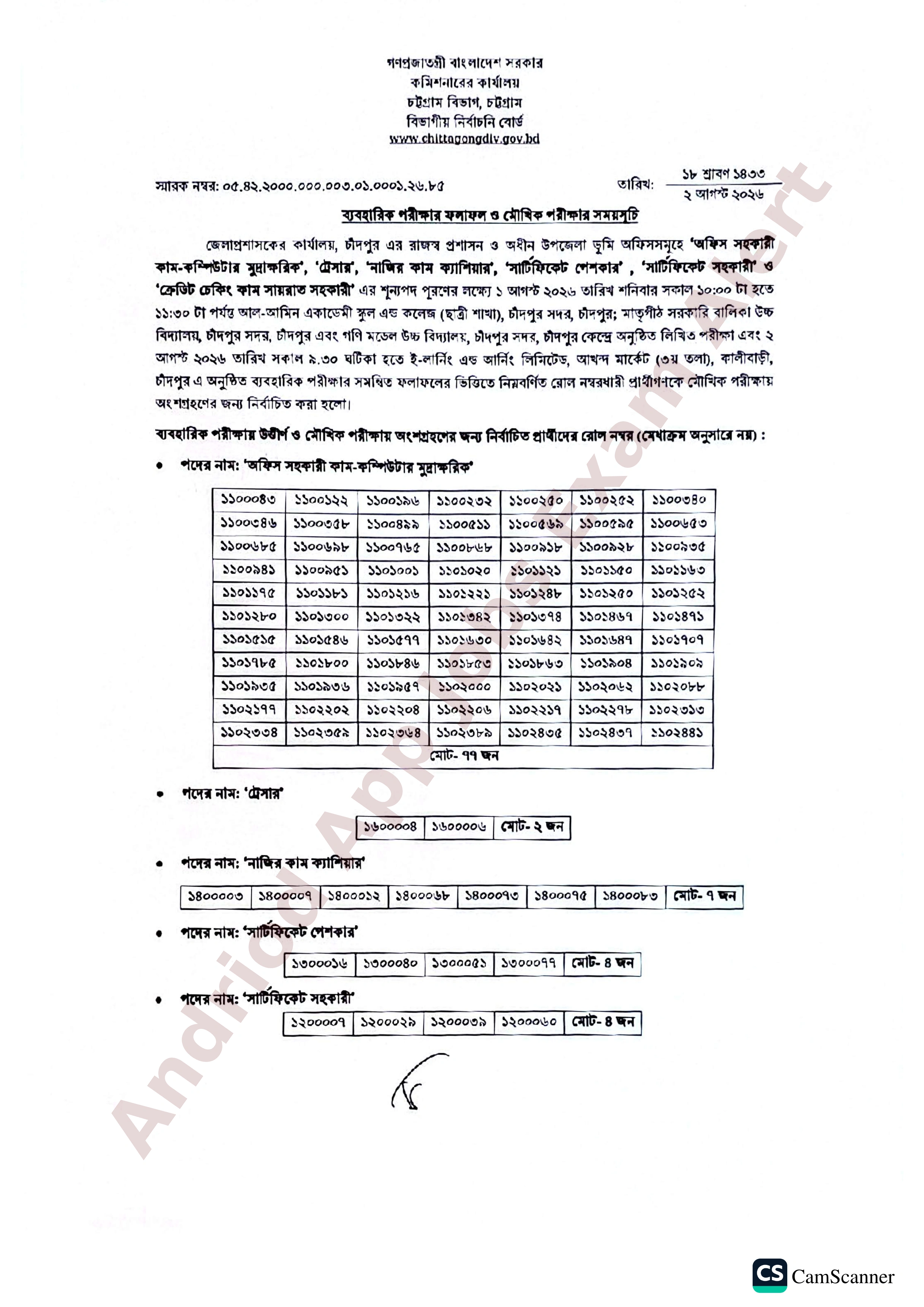 চাঁদপুর জেলা প্রশাসকের কার্যালয়ের ব্যবহারিক পরীক্ষার ফলাফল ও মৌখিক পরীক্ষার সময়সূচি প্রকাশ