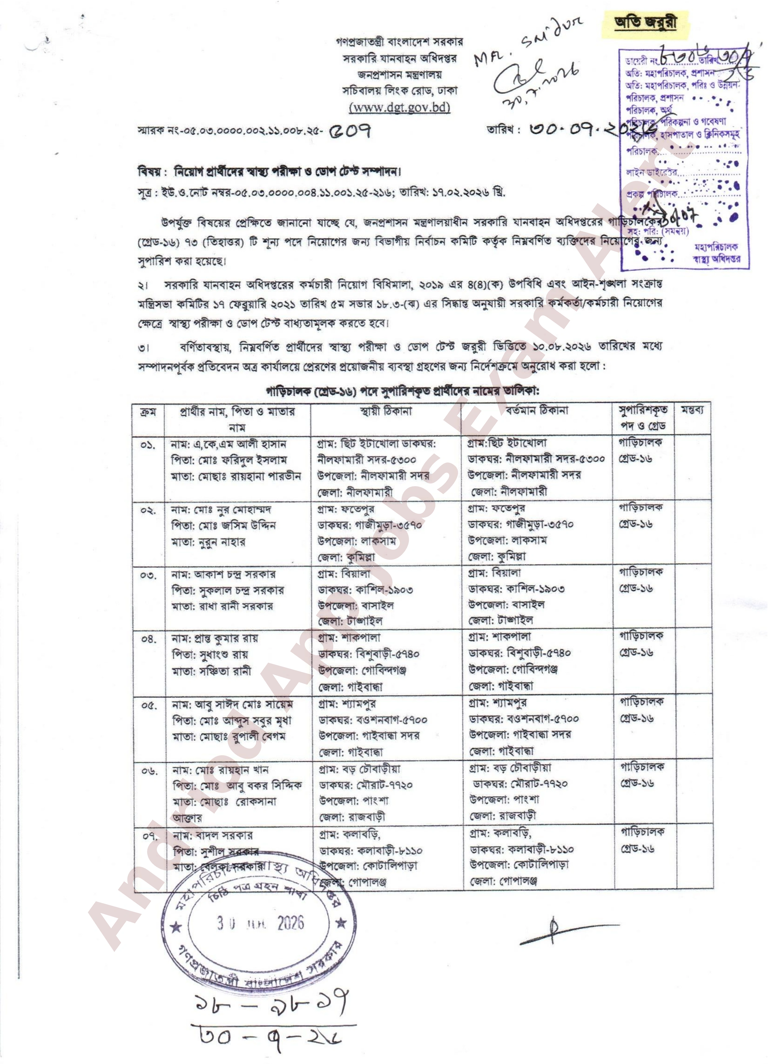 সরকারি যানবাহন অধিদপ্তরের নিয়োগের স্বাস্থ্য পরীক্ষার সময়সূচি প্রকাশ