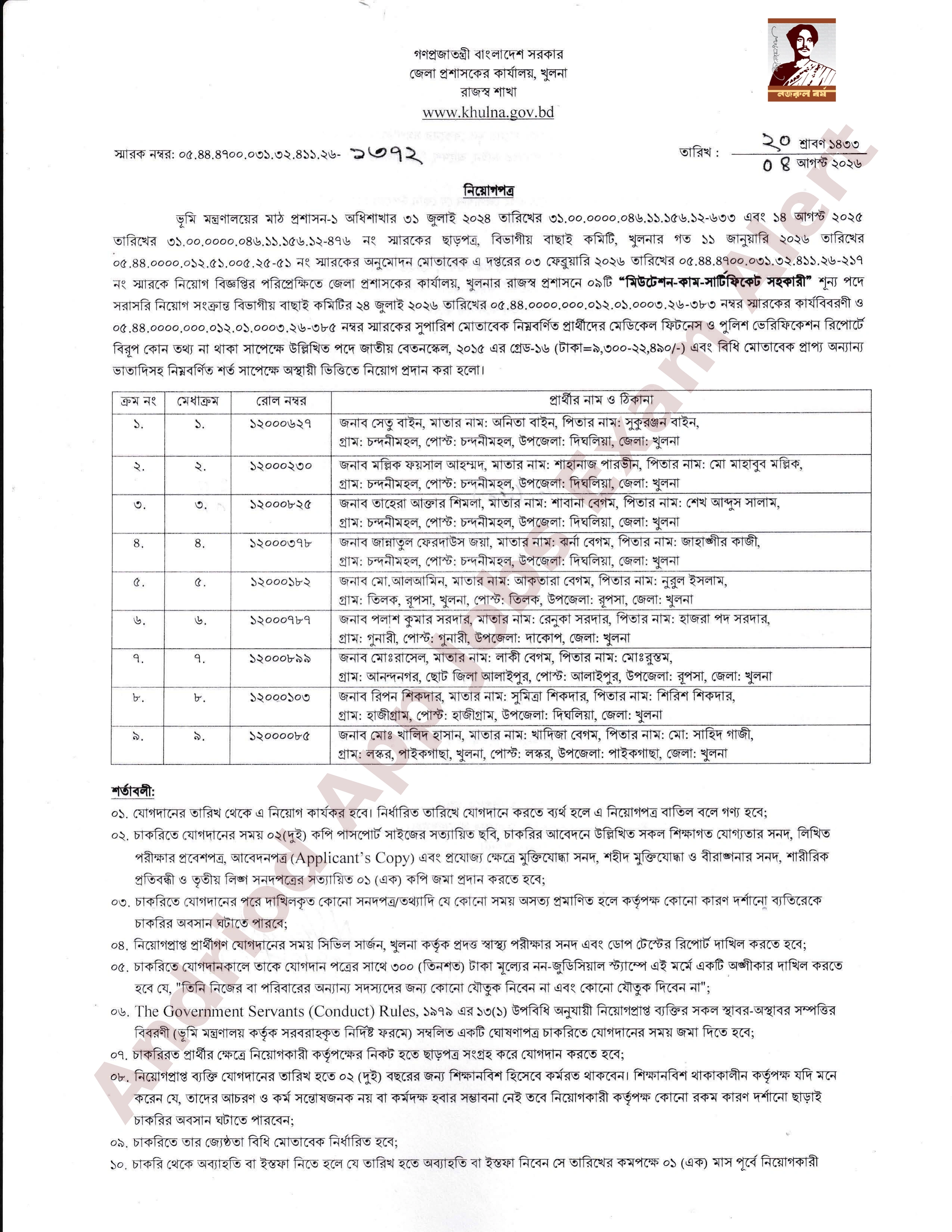 জেলা প্রশাসকের কার্যালয়, খুলনার নিয়োগ পরীক্ষার ফলাফল ও নিয়োগপত্র প্রকাশ