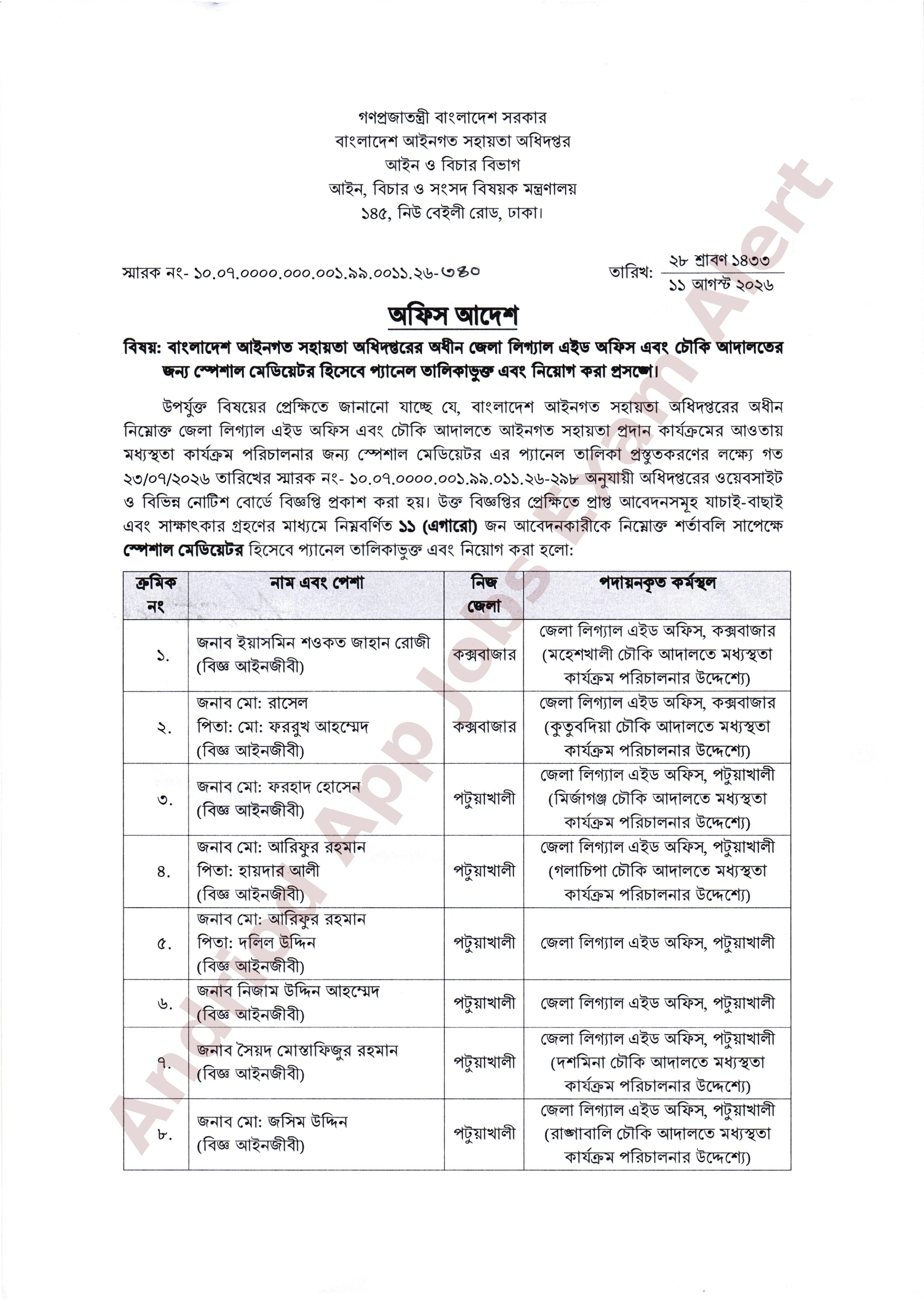বাংলাদেশ আইনগত সহায়তা অধিদপ্তরের প্যানেল তালিকাভুক্ত ও নিয়োগের ফলাফল প্রকাশ