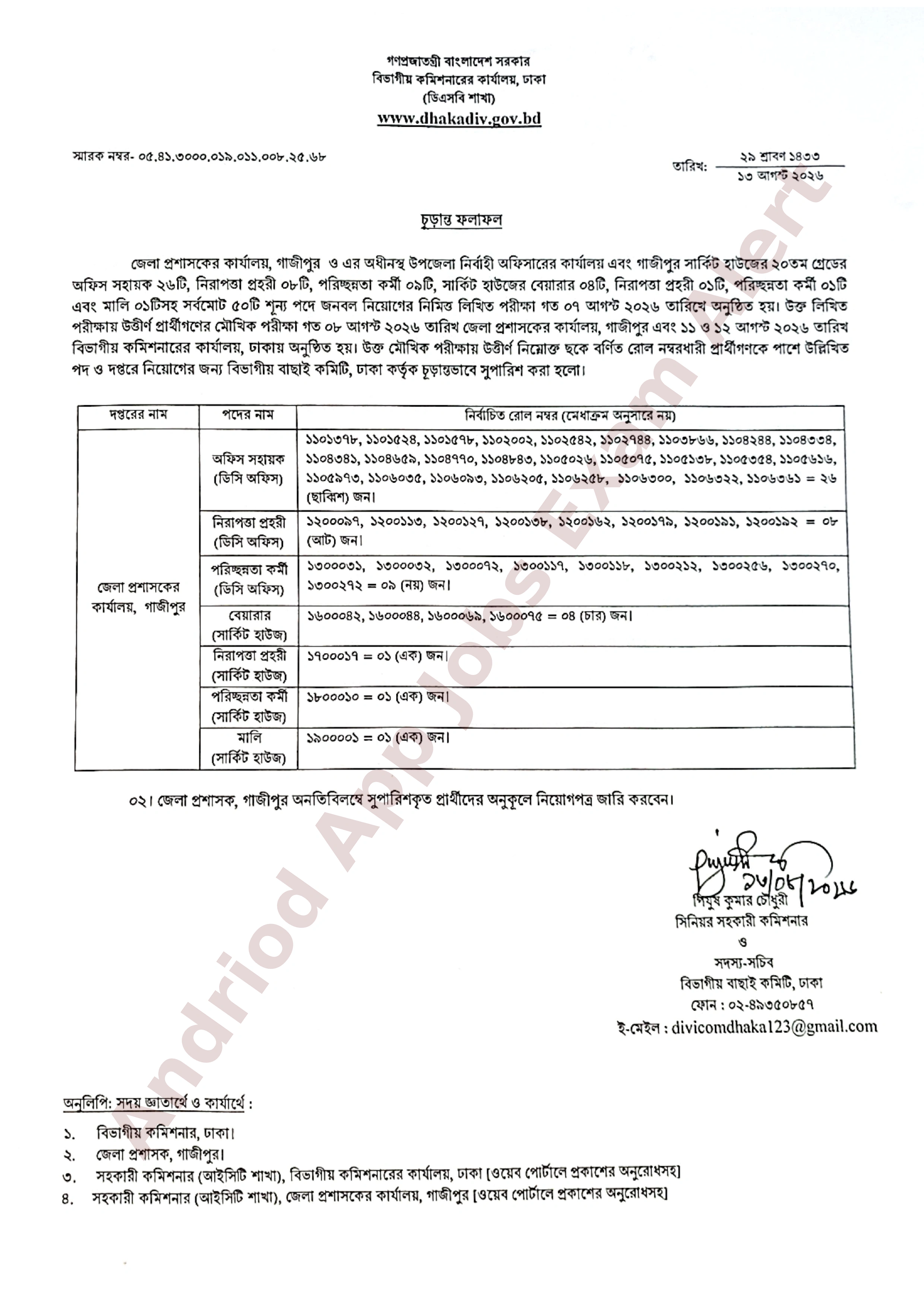 গাজীপুর জেলা প্রশাসকের কার্যালয়ের নিয়োগ পরীক্ষার চূড়ান্ত ফলাফল প্রকাশ
