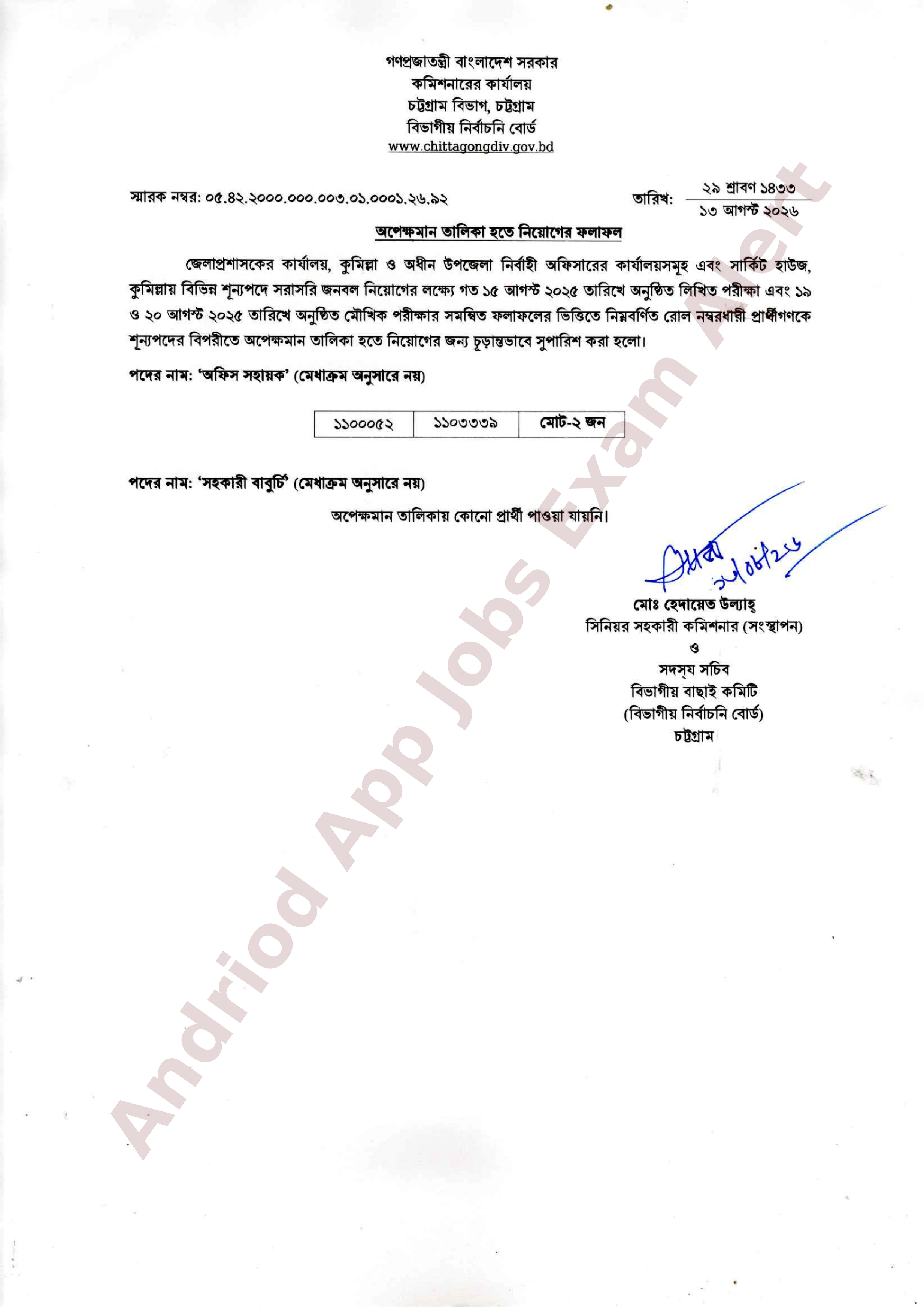 জেলা প্রশাসকের কার্যালয়, কুমিল্লার নিয়োগ পরীক্ষার চূড়ান্ত ফলাফল প্রকাশ