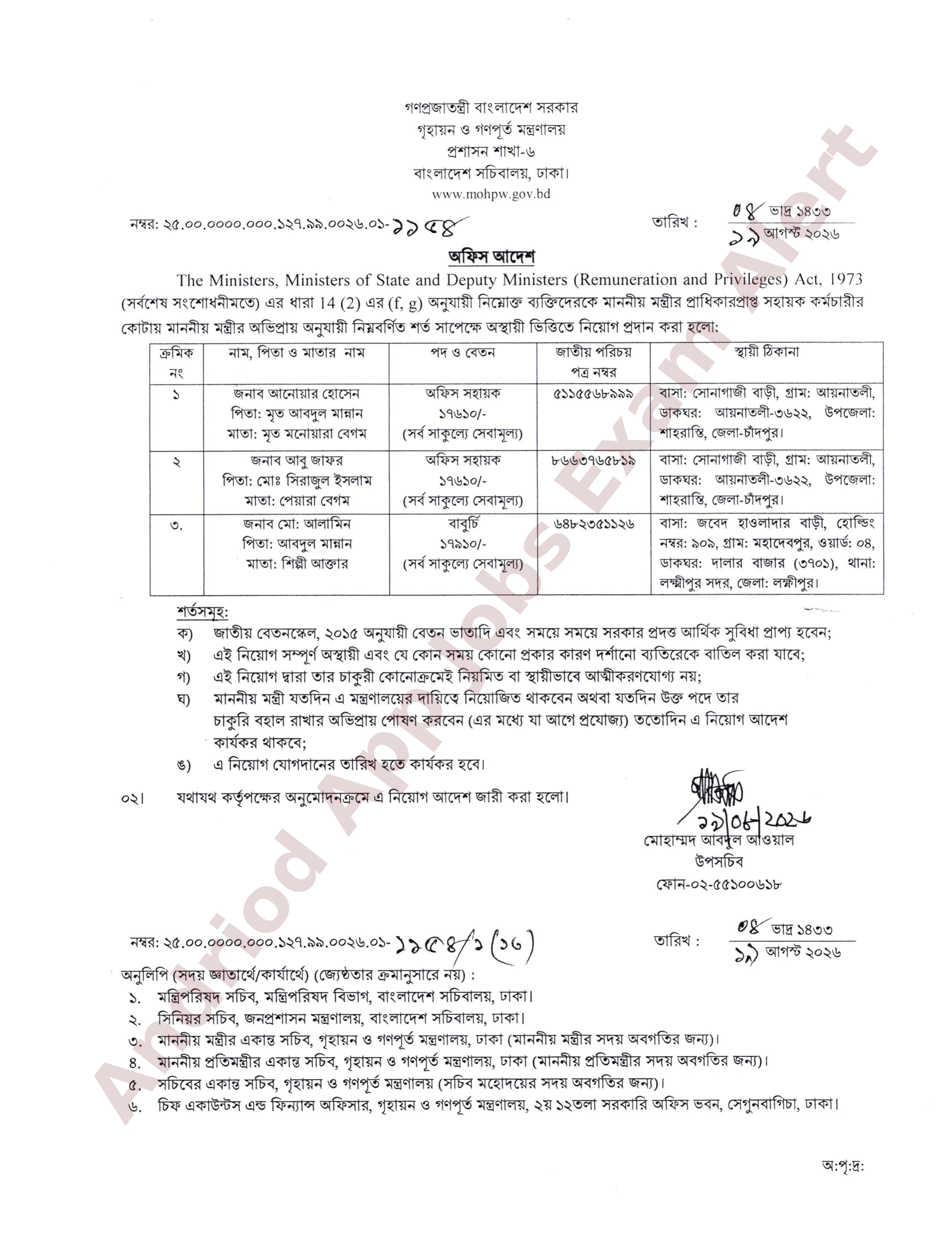 গৃহায়ন ও গণপূর্ত মন্ত্রণালয়ের নিয়োগ পত্র প্রকাশ