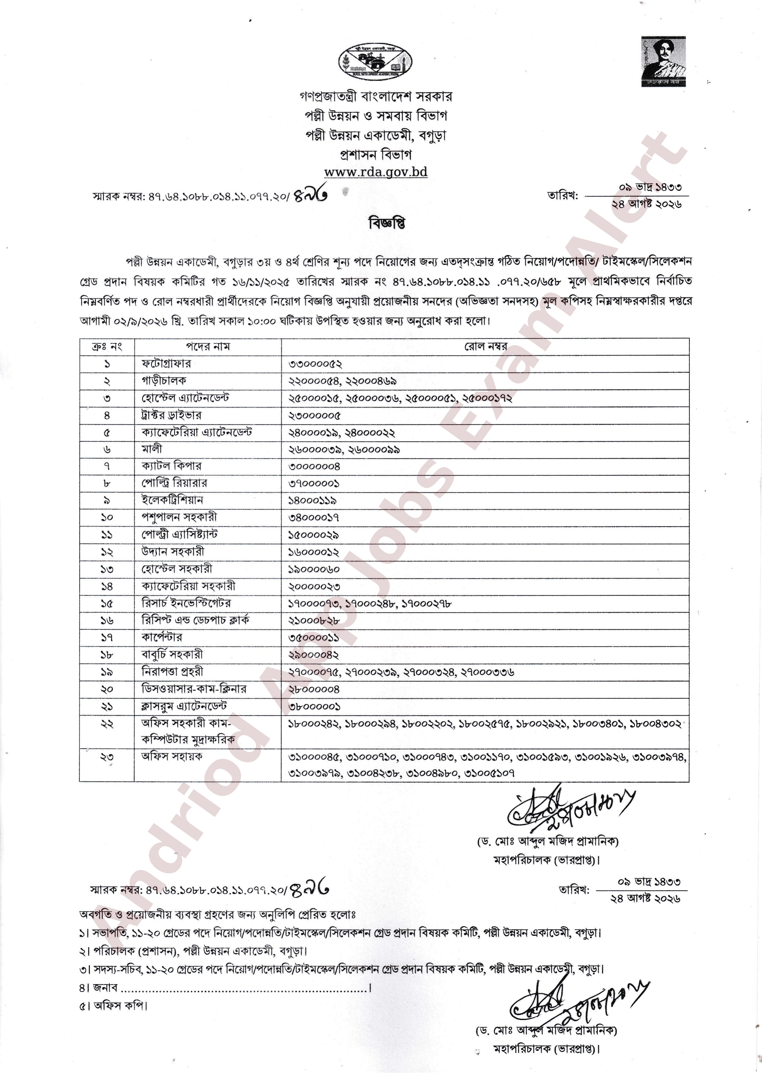 পল্লী উন্নয়ন একাডেমী (RDA), বগুড়ার বিভিন্ন পদে নিয়োগের মূল সনদ যাচাইয়ের তারিখ ও সময়সূচী প্রকাশ
