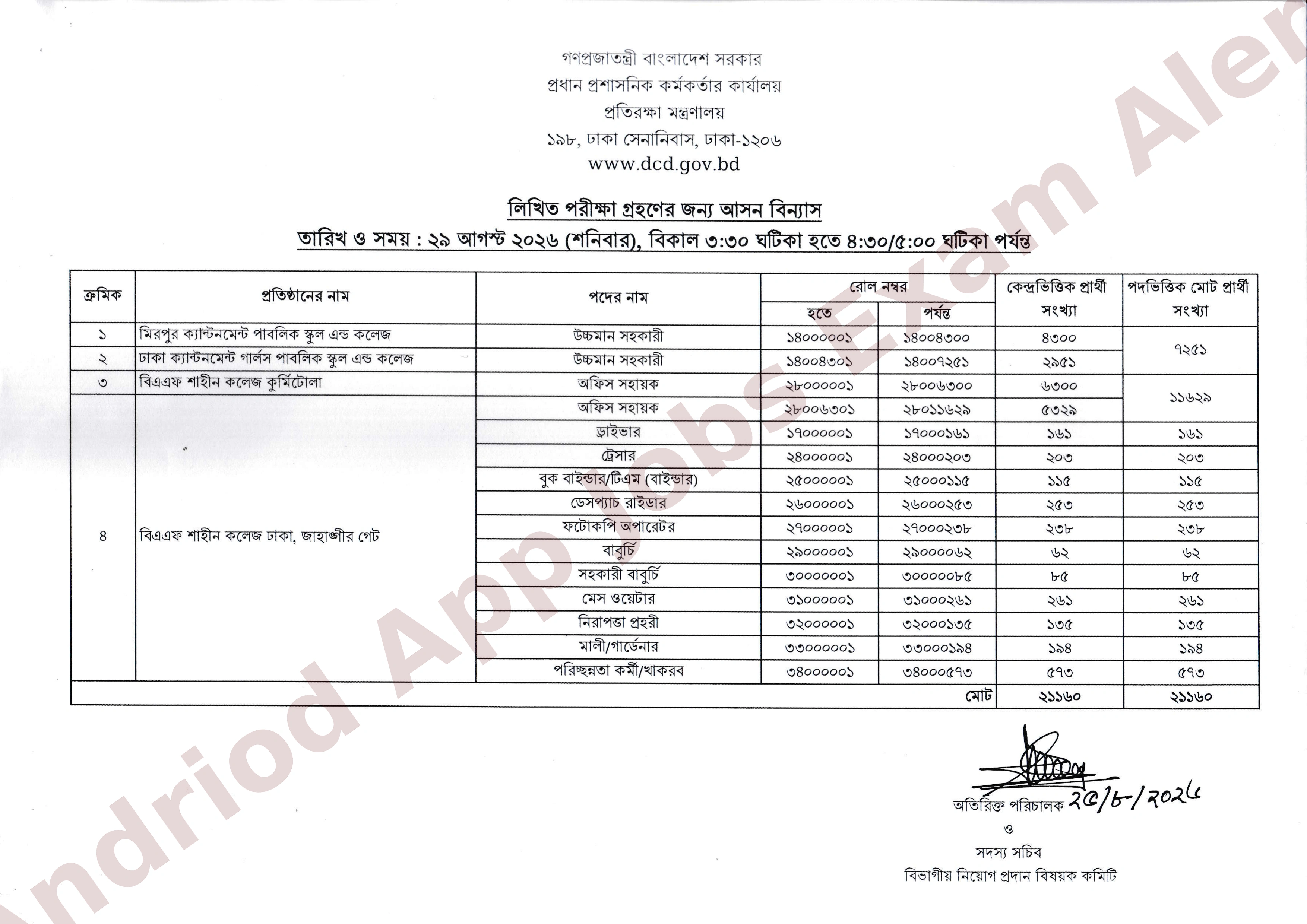 প্রধান প্রশাসনিক কর্মকর্তার কার্যালয়ের লিখিত পরীক্ষার সময়সূচি ও আসন বিন্যাস প্রকাশ