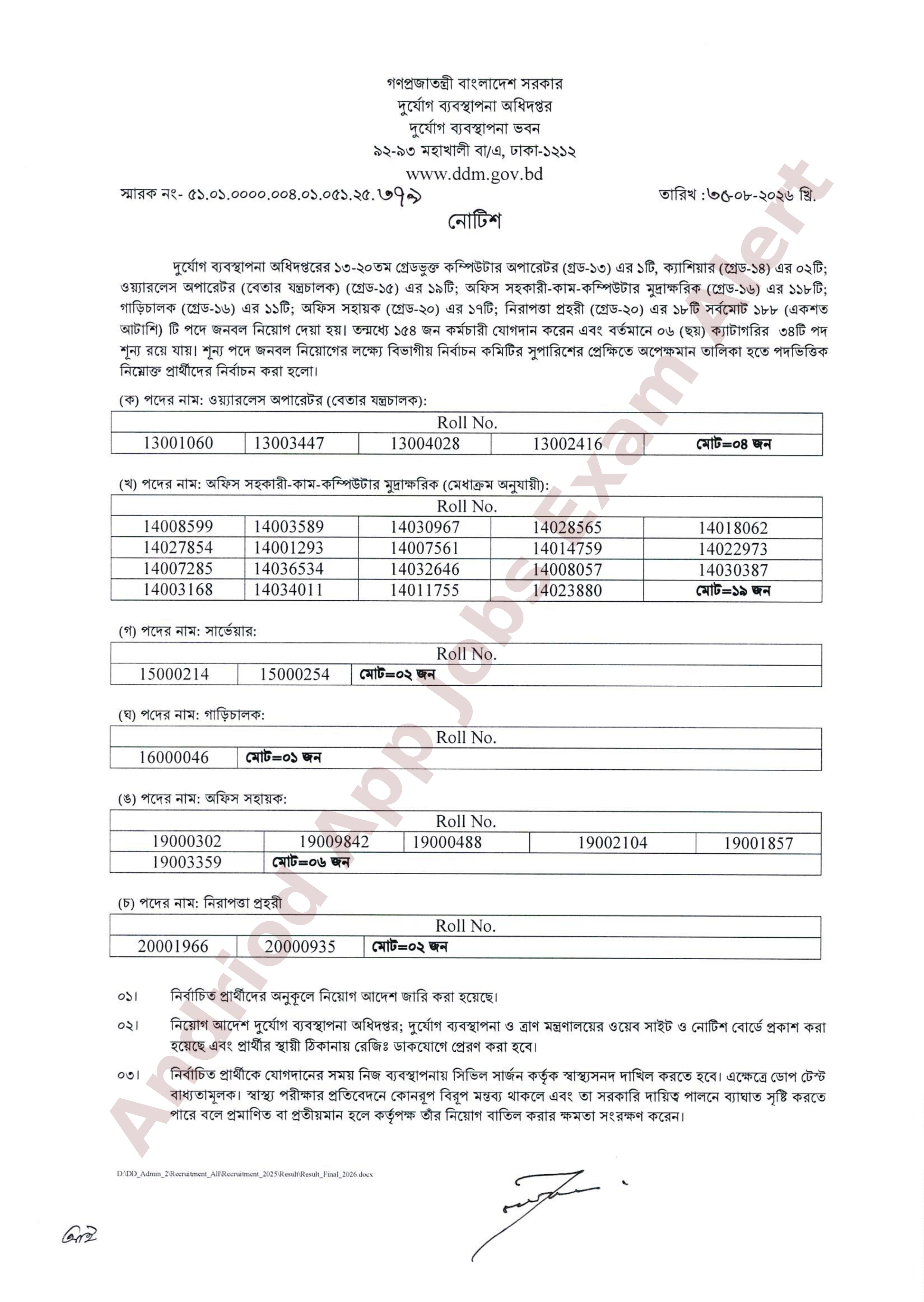 দুর্যোগ ব্যবস্থাপনা অধিদপ্তরের বিভিন্ন পদের নিয়োগ পরীক্ষার চূরান্ত ফলাফল প্রকাশ