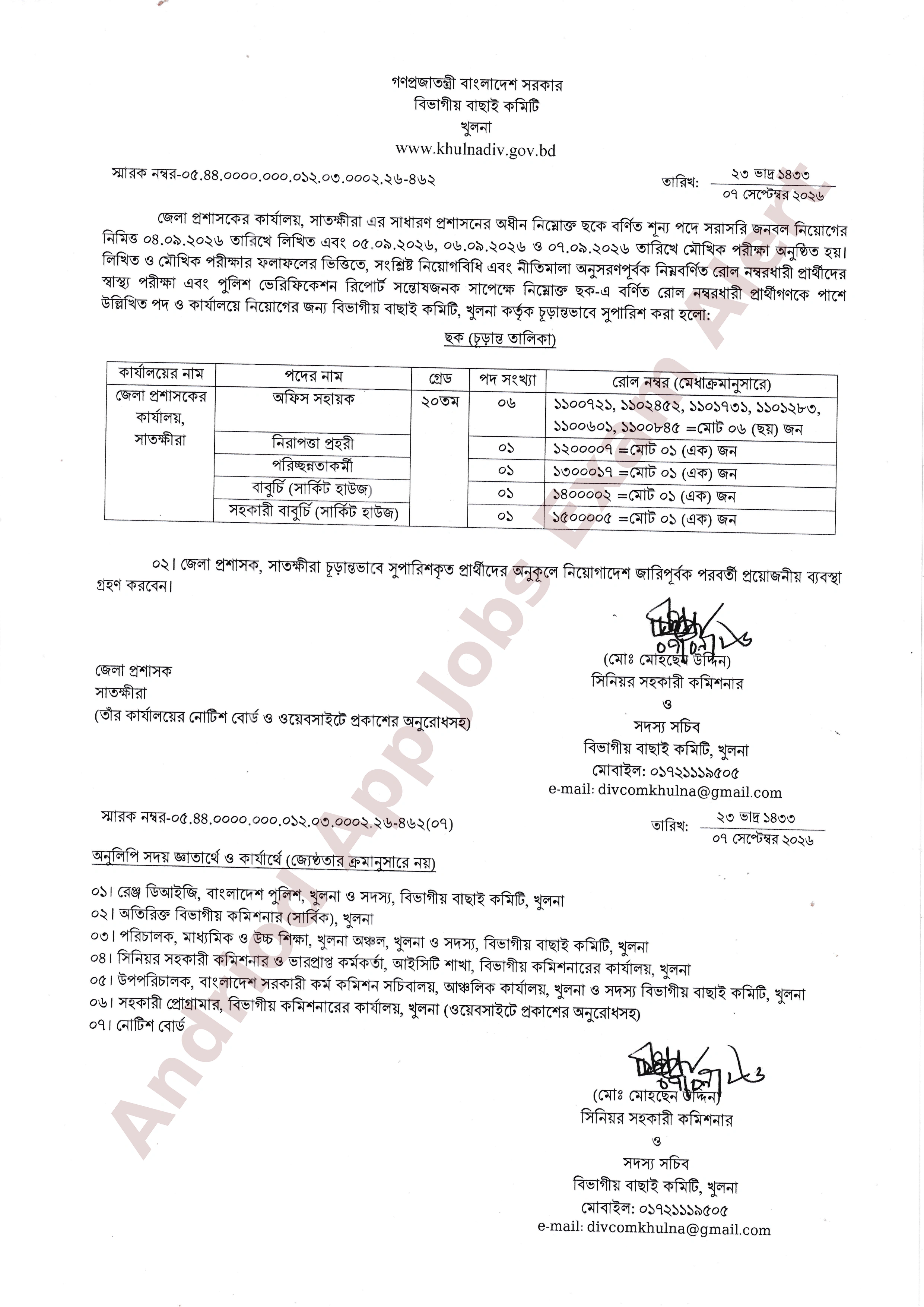 সাতক্ষীরা জেলা প্রশাসকের কার্যালয়ের নিয়োগ পরীক্ষার চূড়ান্ত ফলাফল প্রকাশ