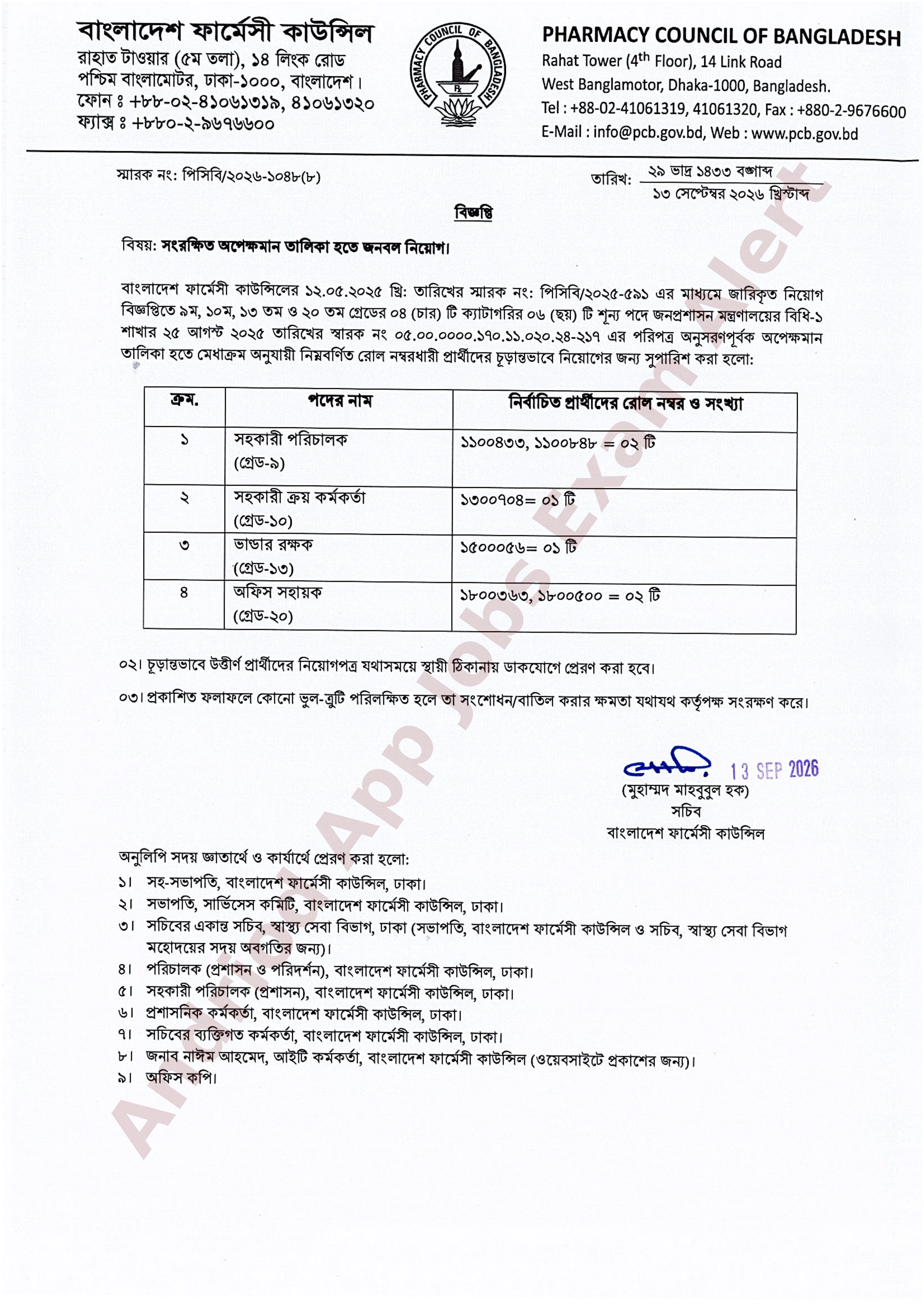 বাংলাদেশ ফার্মেসী কাউন্সিলের নিয়োগ পরীক্ষার ফলাফল প্রকাশ