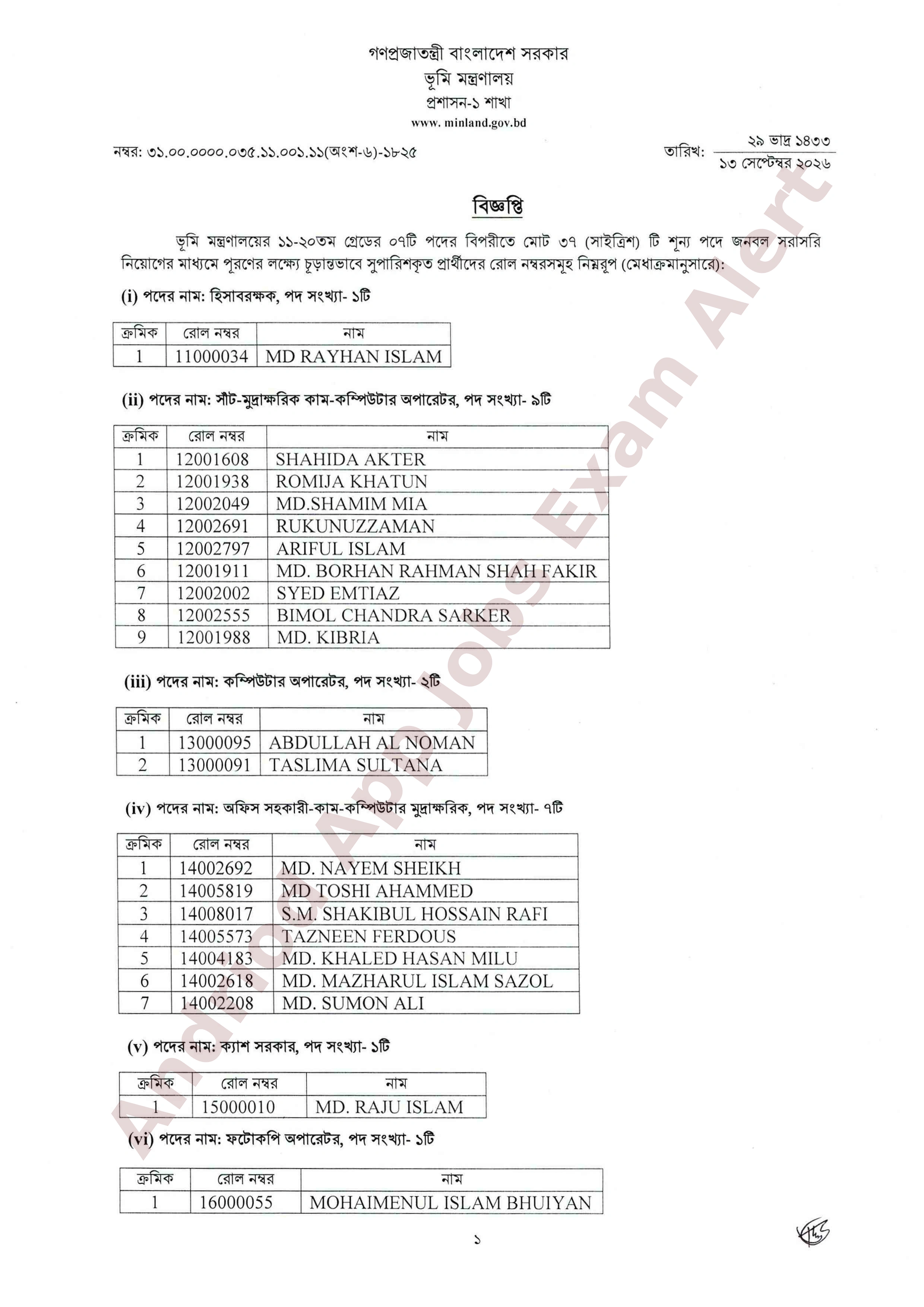 ভূমি মন্ত্রণালয়ের চূড়ান্ত ফলাফল প্রকাশ