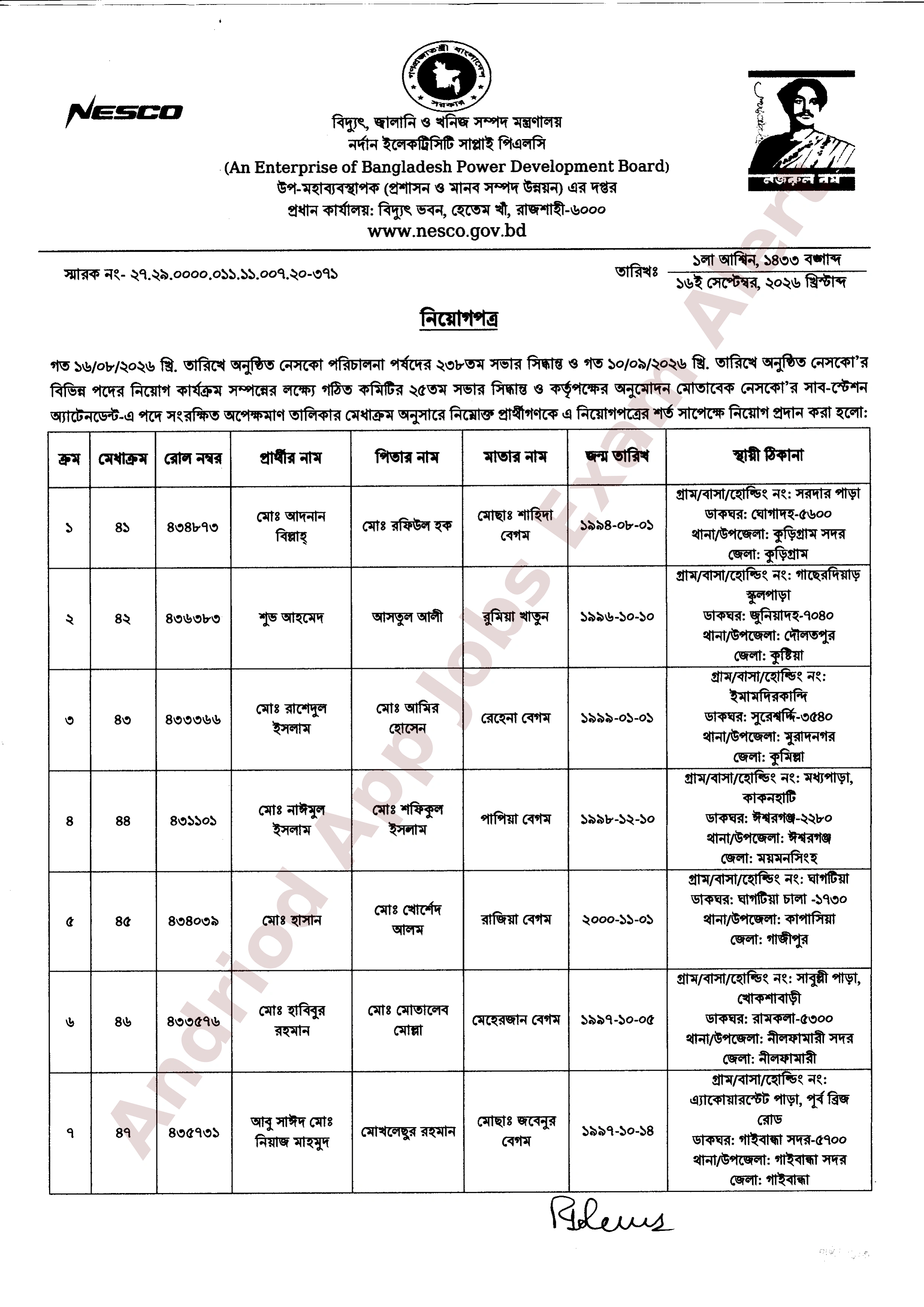 নর্দান ইলেকট্রিসিটি সাপ্লাই পিএলসি (নেসকো) এর অপেক্ষমাণ তালিকা থেকে ফলাফল প্রকাশ