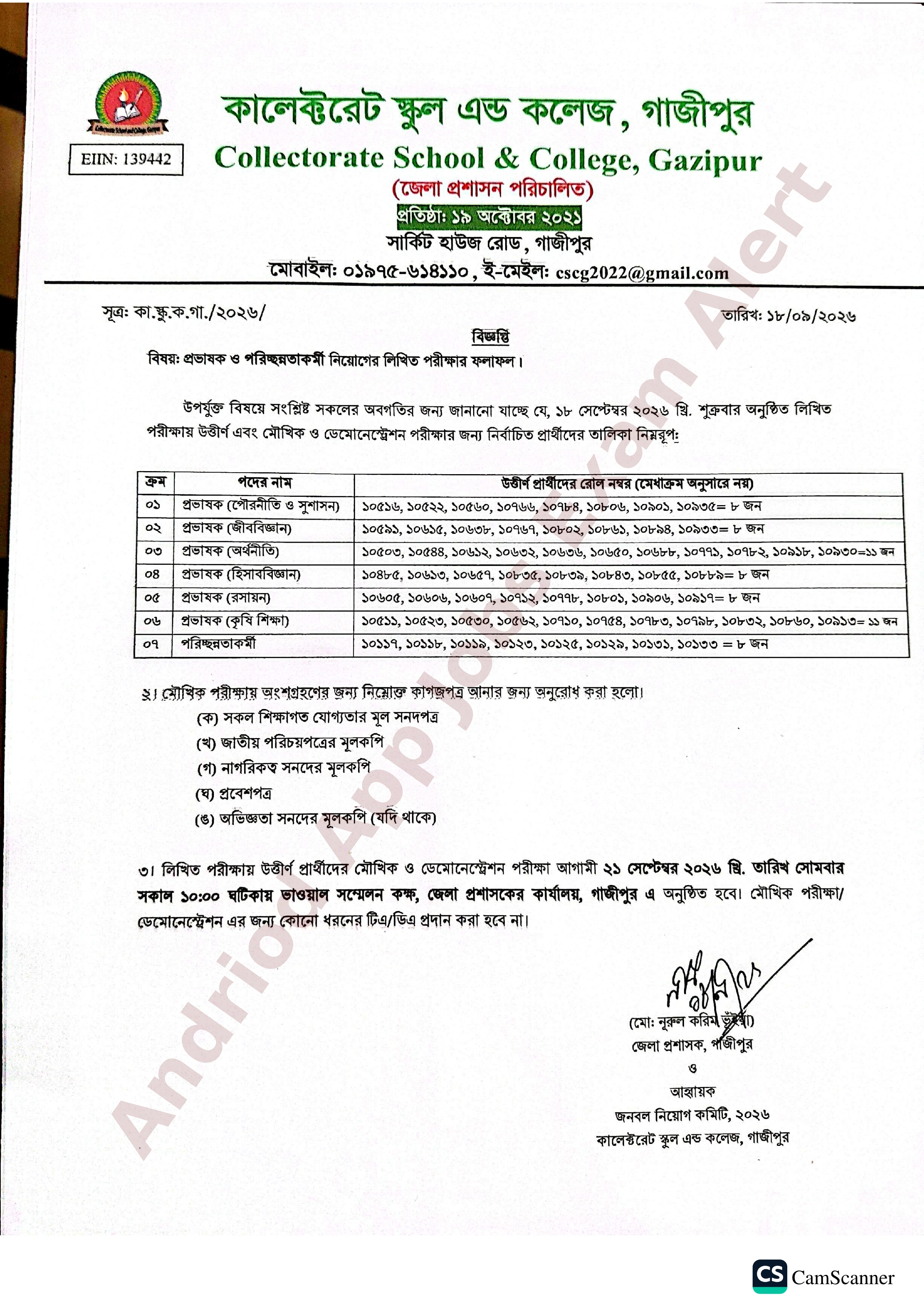 কালেক্টরেট স্কুল এন্ড কলেজ, গাজীপুরের নিয়োগ পরীক্ষার ফলাফল প্রকাশ