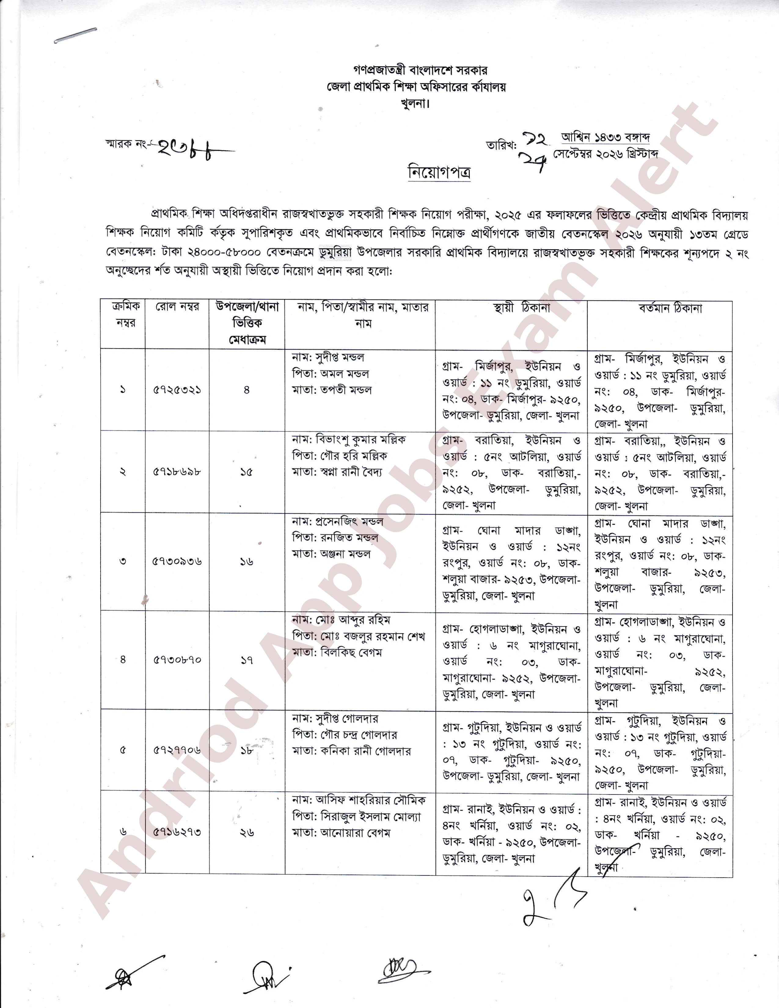 সরকারি প্রাথমিক বিদ্যালয়ে সহকারী শিক্ষক পদের নিয়োগপত্র প্রকাশ খুলনা জেলা