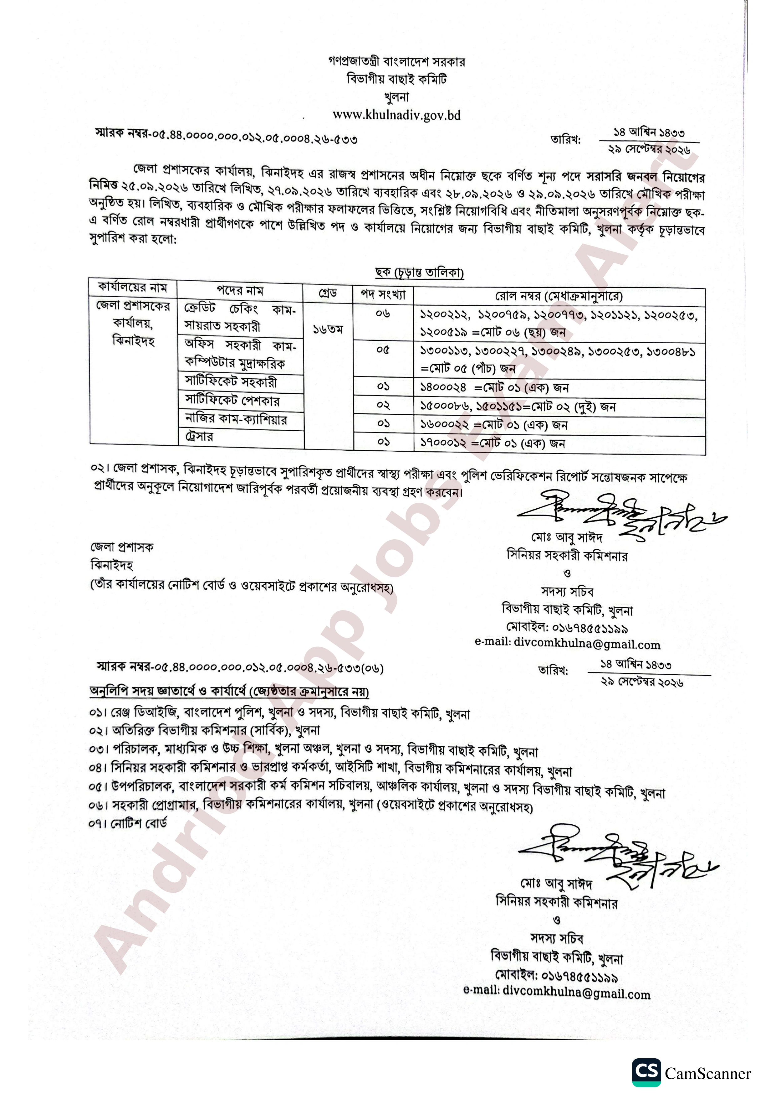ঝিনাইদহ জেলা প্রশাসকের কার্যালয়ের চূড়ান্ত ফলাফল প্রকাশ
