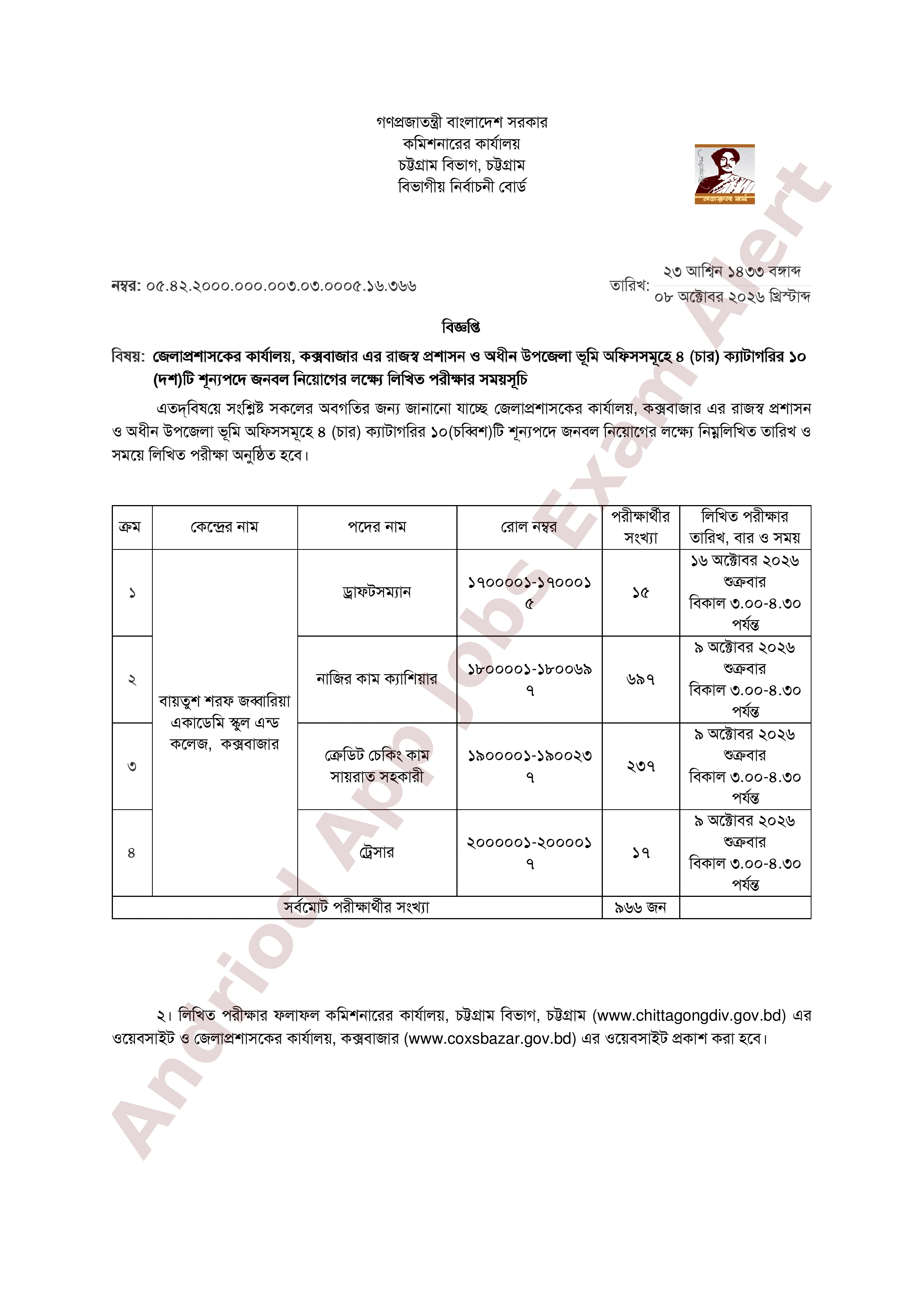 কক্সবাজার জেলা প্রশাসকের কার্যালয়ের নিয়োগ পরীক্ষার সময়সূচী প্রকাশ