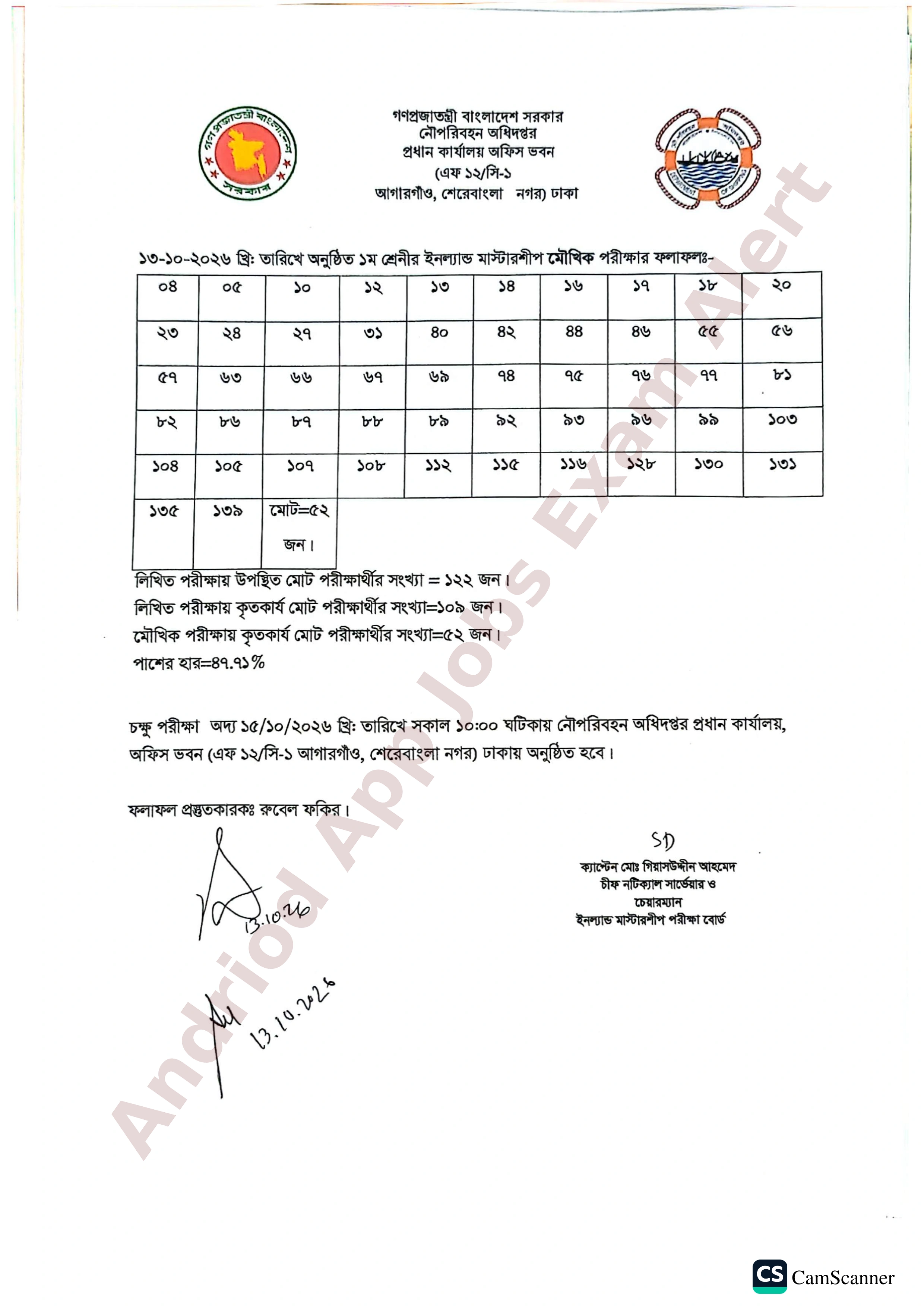 নৌপরিবহন অধিদপ্তরের মাস্টারশিপ পরীক্ষার ফলাফল ও চক্ষু পরীক্ষার সময়সূচি প্রকাশ