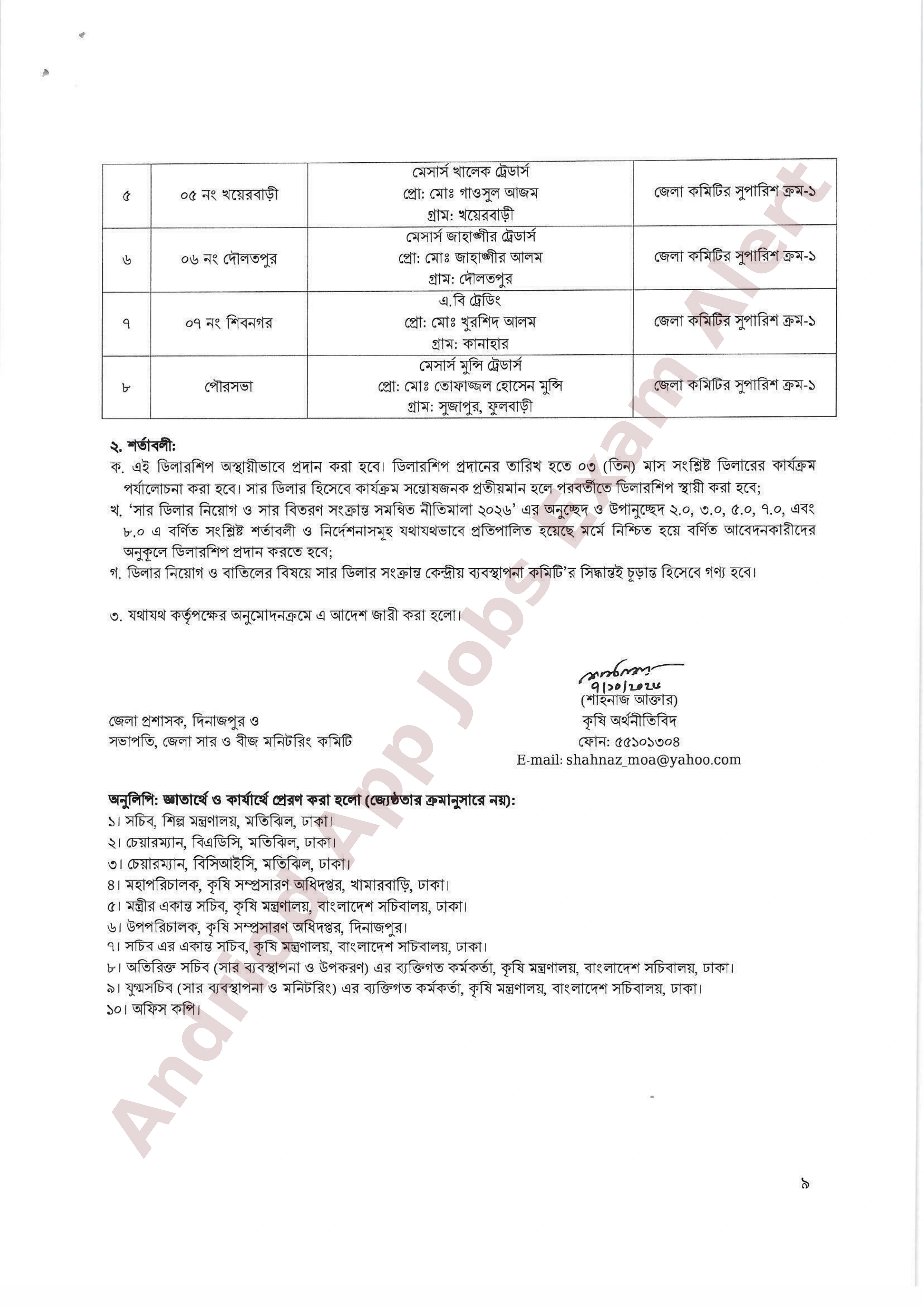 দিনাজপুর জেলার বিভিন্ন ইউনিয়ন ও পৌরসভায় নতুন সার ডিলার নিয়োগের তালিকা প্রকাশ