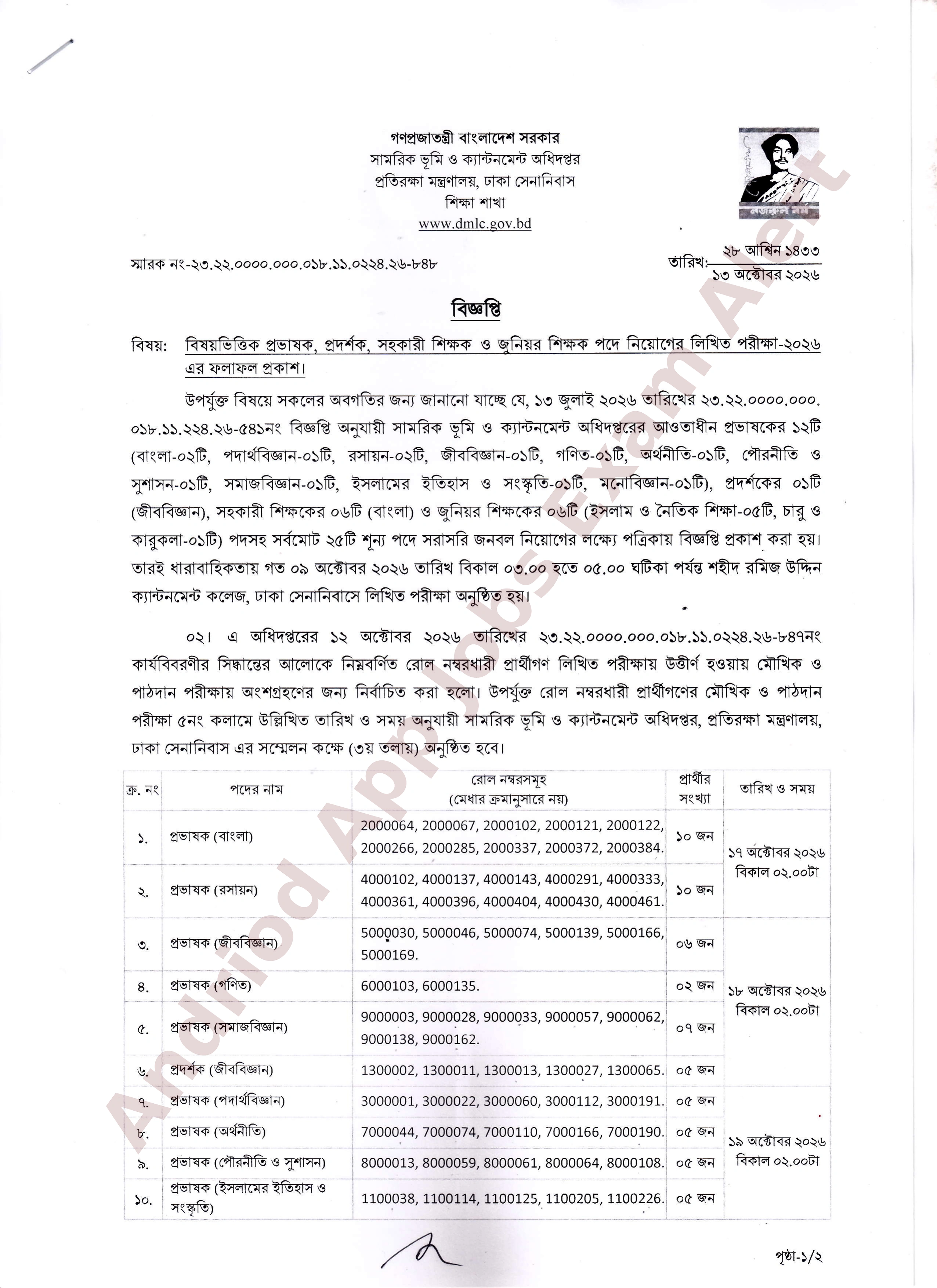 সামরিক ভূমি ও ক্যান্টনমেন্ট অধিদপ্তরের নিয়োগ পরীক্ষার ফলাফল ও মৌখিক পরীক্ষার সময়সূচি প্রকাশ