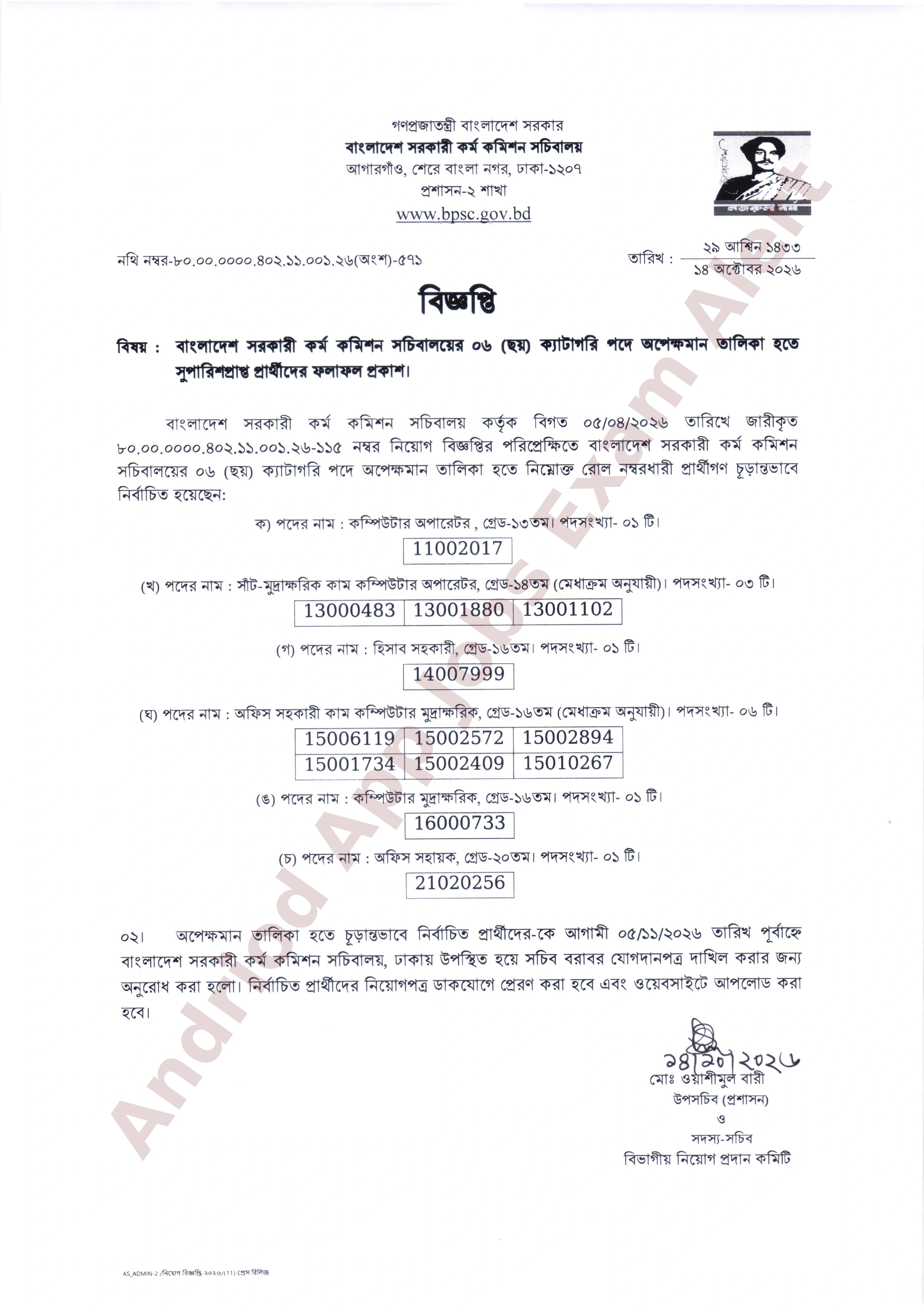 বাংলাদেশ সরকারি কর্ম কমিশন সচিবালয়ের বিভিন্ন পদে অপেক্ষমাণ তালিকার ফলাফল প্রকাশ