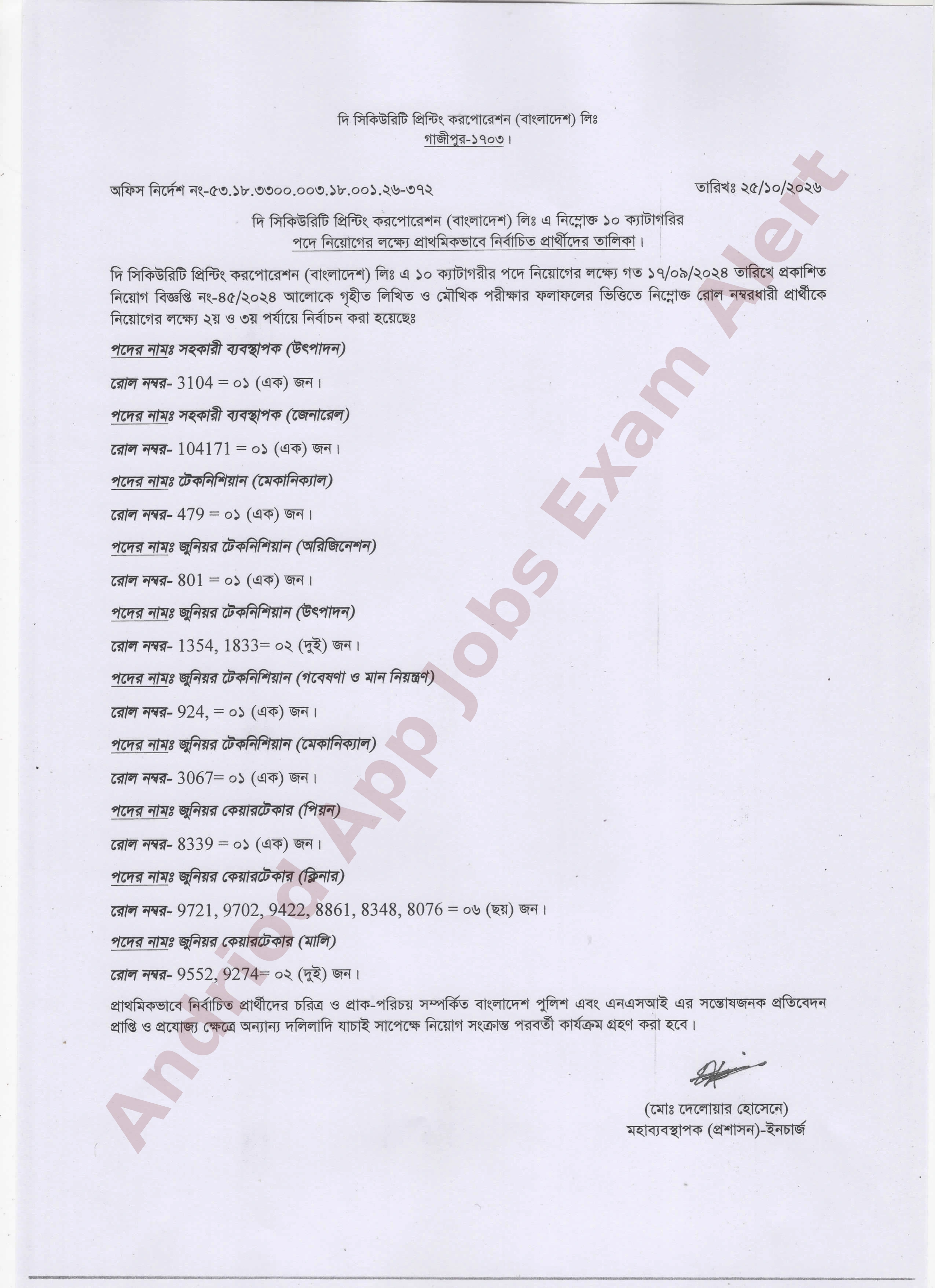 দি সিকিউরিটি প্রিন্টিং করপোরেশন (বাংলাদেশ) লিঃ এর নিয়োগ পরীক্ষার ফলাফল প্রকাশ