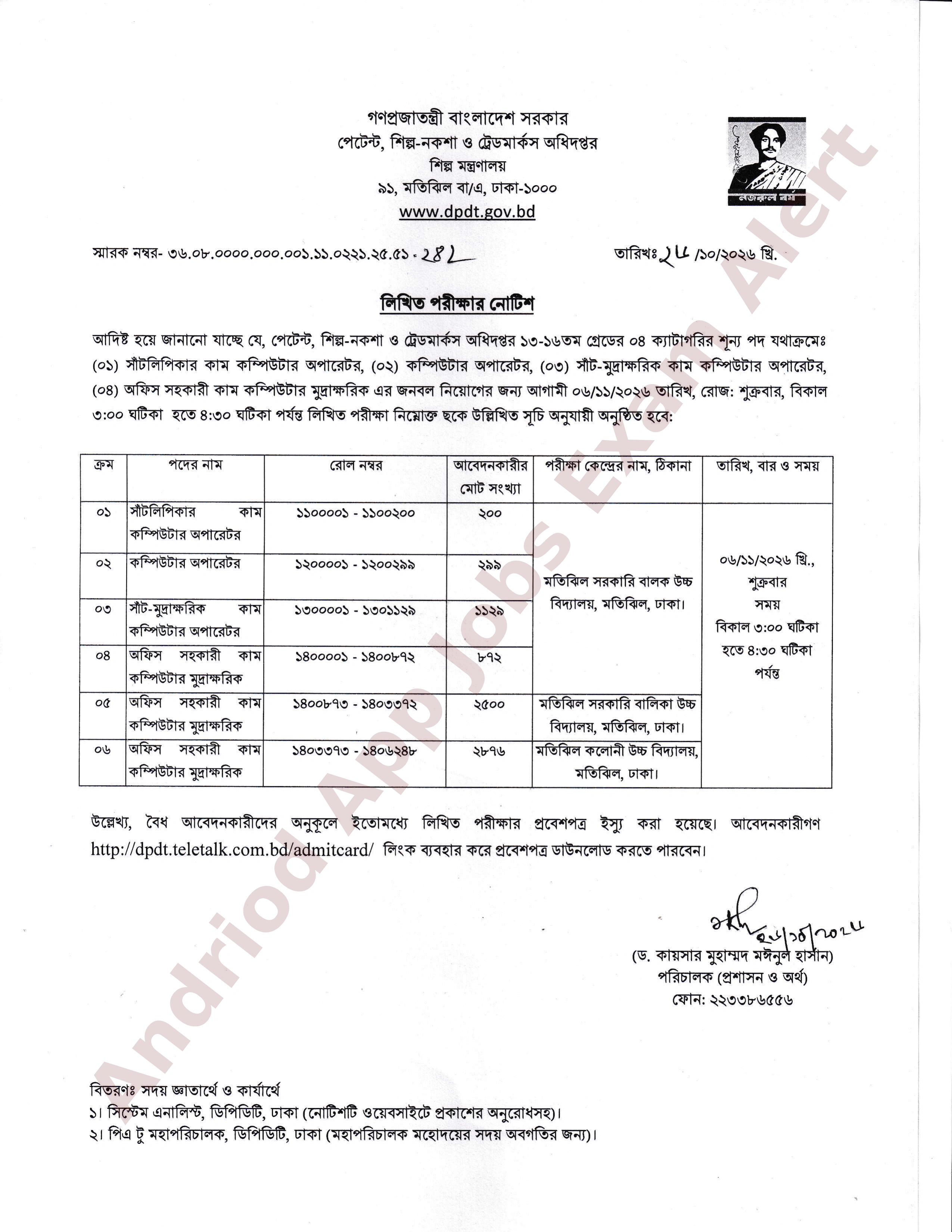 পেটেন্ট, শিল্প-নকশা ও ট্রেডমার্কস অধিদপ্তরের লিখিত পরীক্ষার সময়সূচি প্রকাশ