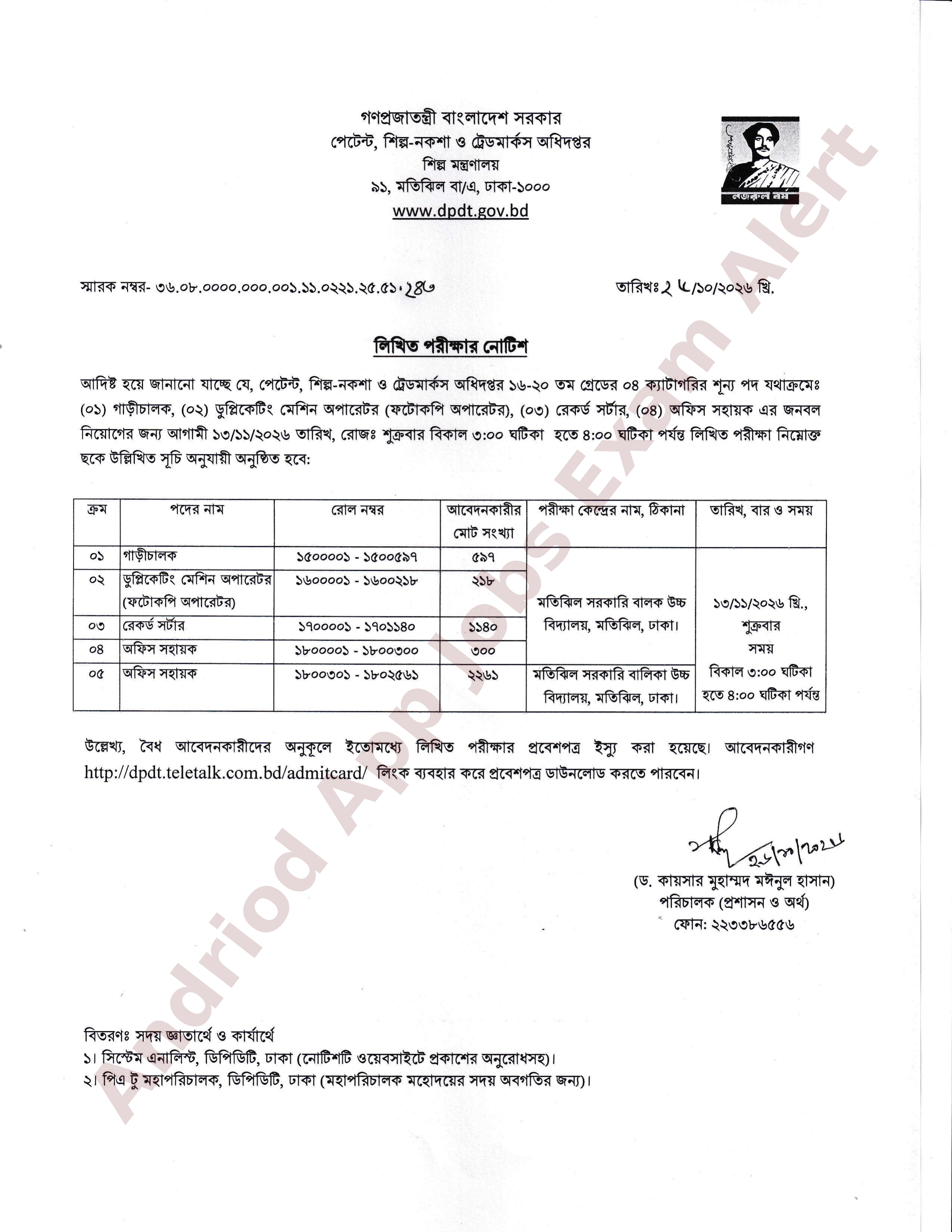 পেটেন্ট, শিল্প-নকশা ও ট্রেডমার্কস অধিদপ্তরের বিভিন্ন পদের লিখিত পরীক্ষার সময়সূচি প্রকাশ