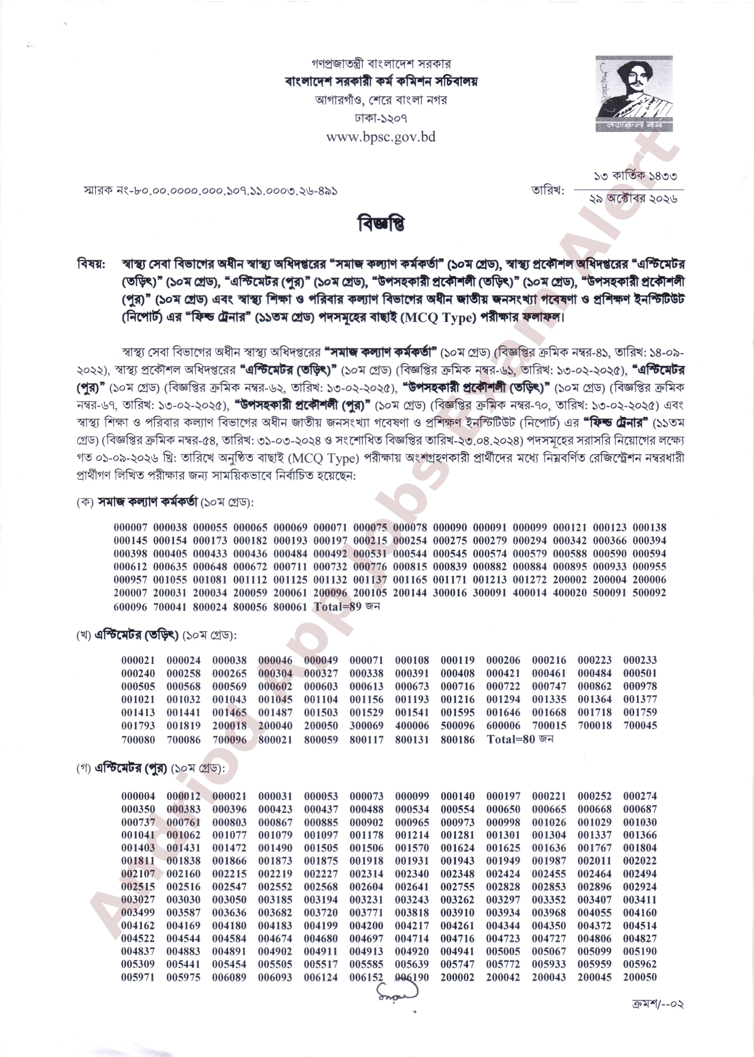 বিভিন্ন বিভাগ ও অধিদপ্তরের MCQ পরীক্ষার ফলাফল প্রকাশ