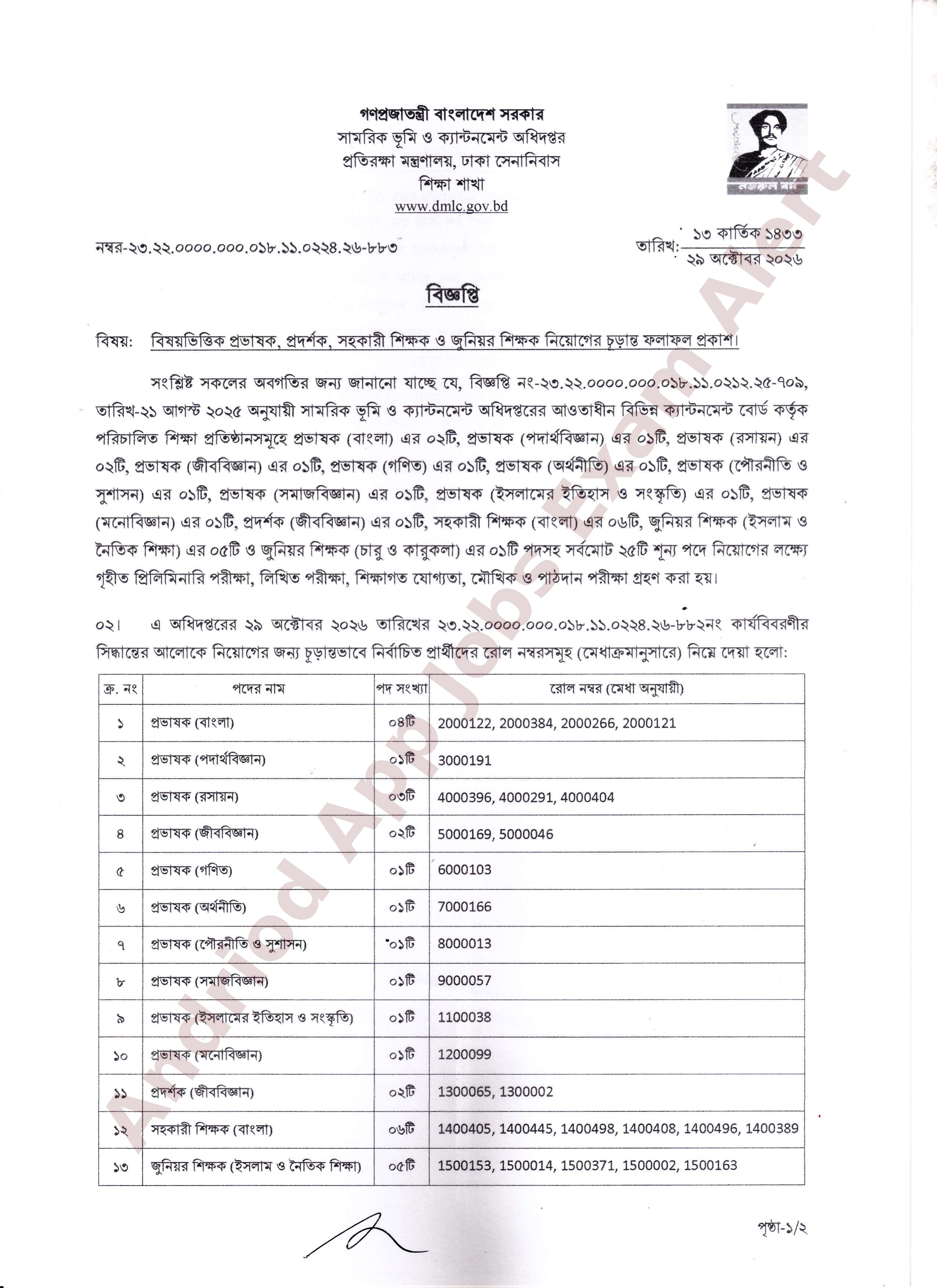 সামরিক ভূমি ও ক্যান্টনমেন্ট অধিদপ্তরের বিভিন্ন পদের চূড়ান্ত ফলাফল প্রকাশ