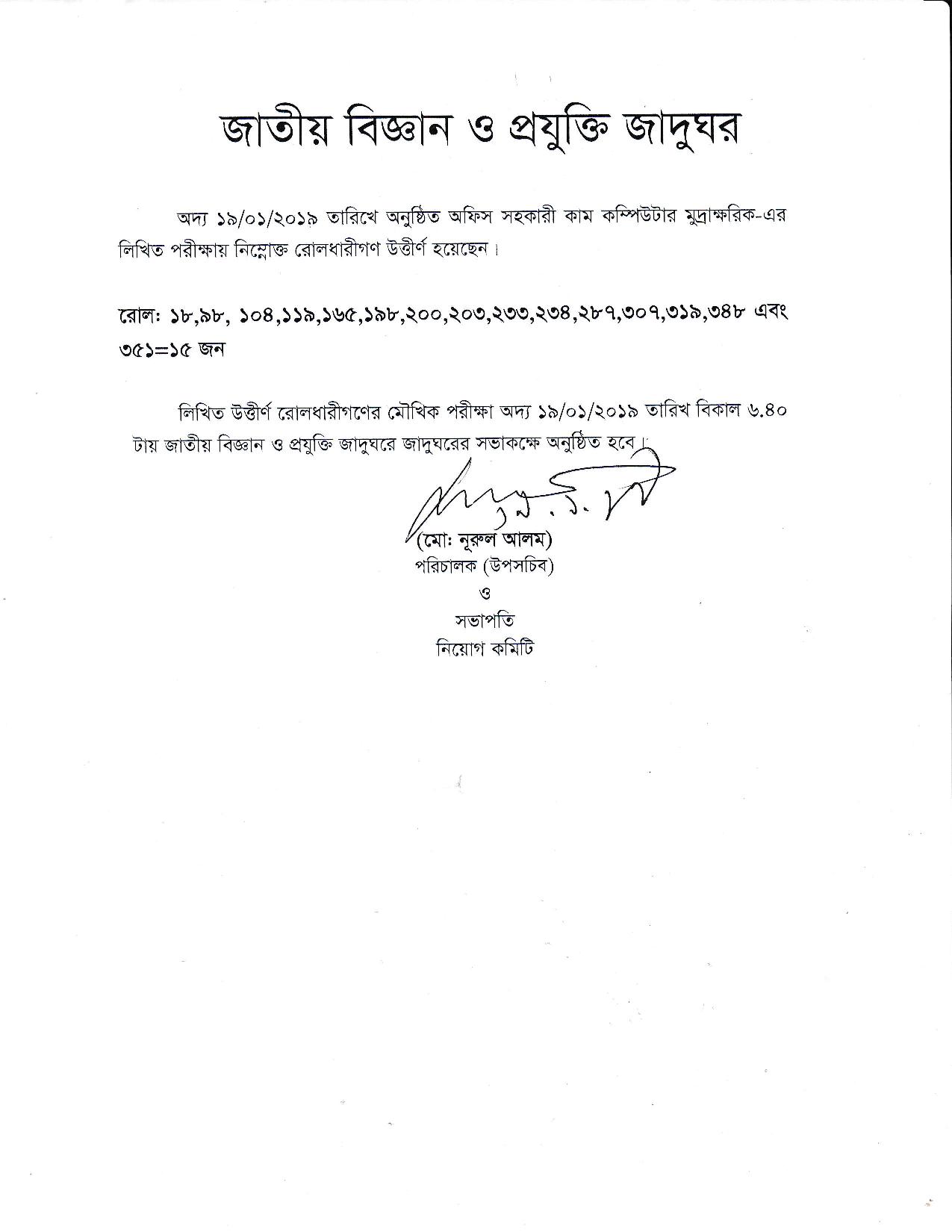 জাতীয় বিজ্ঞান ও প্রযুক্তি জাদুঘরের বিভিন্ন পদের চাকরির লিখিত ও ব্যবহারিক পরীক্ষার ফলাফল প্রকাশ 