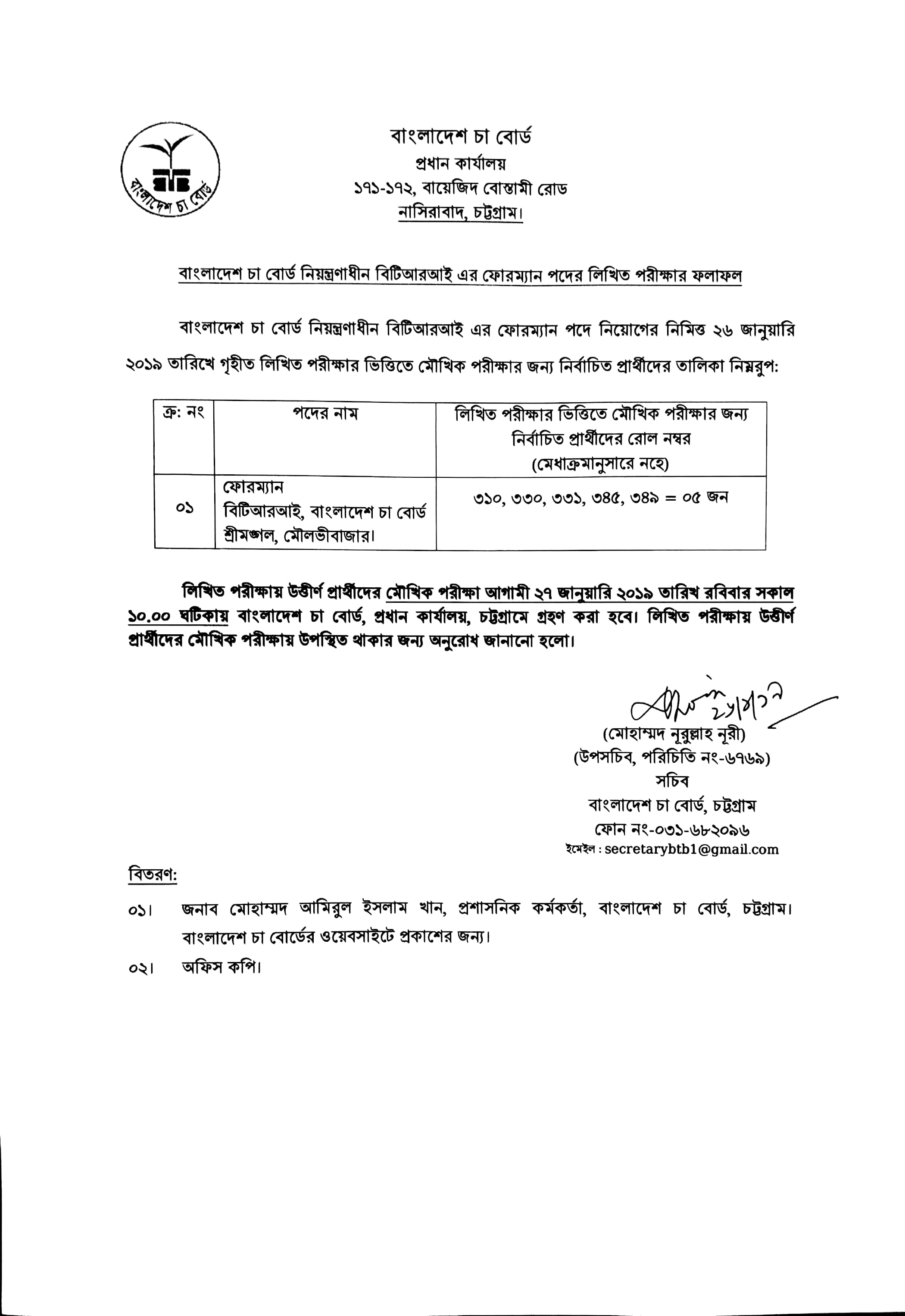 বাংলাদেশ চা বোর্ডের বিভিন্ন পদের চাকরির পরীক্ষার ফলাফল প্রকাশ