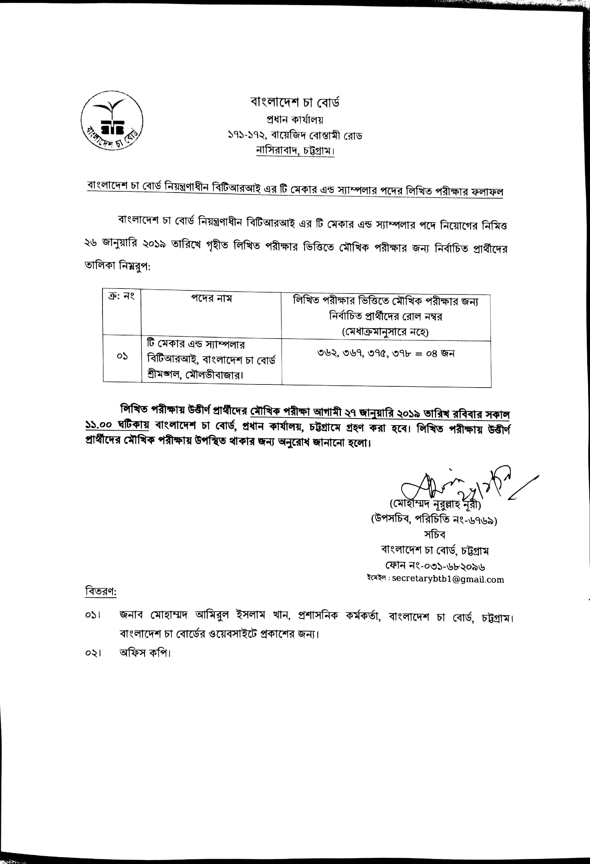 বাংলাদেশ চা বোর্ডের বিভিন্ন পদের চাকরির পরীক্ষার ফলাফল প্রকাশ