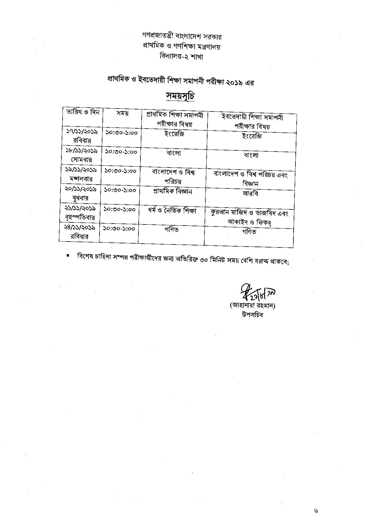 প্রাথমিক ও ইবতেদায়ী শিক্ষা সমাপনী পরীক্ষা-২০১৯ এর সময়সূচী প্রকাশ