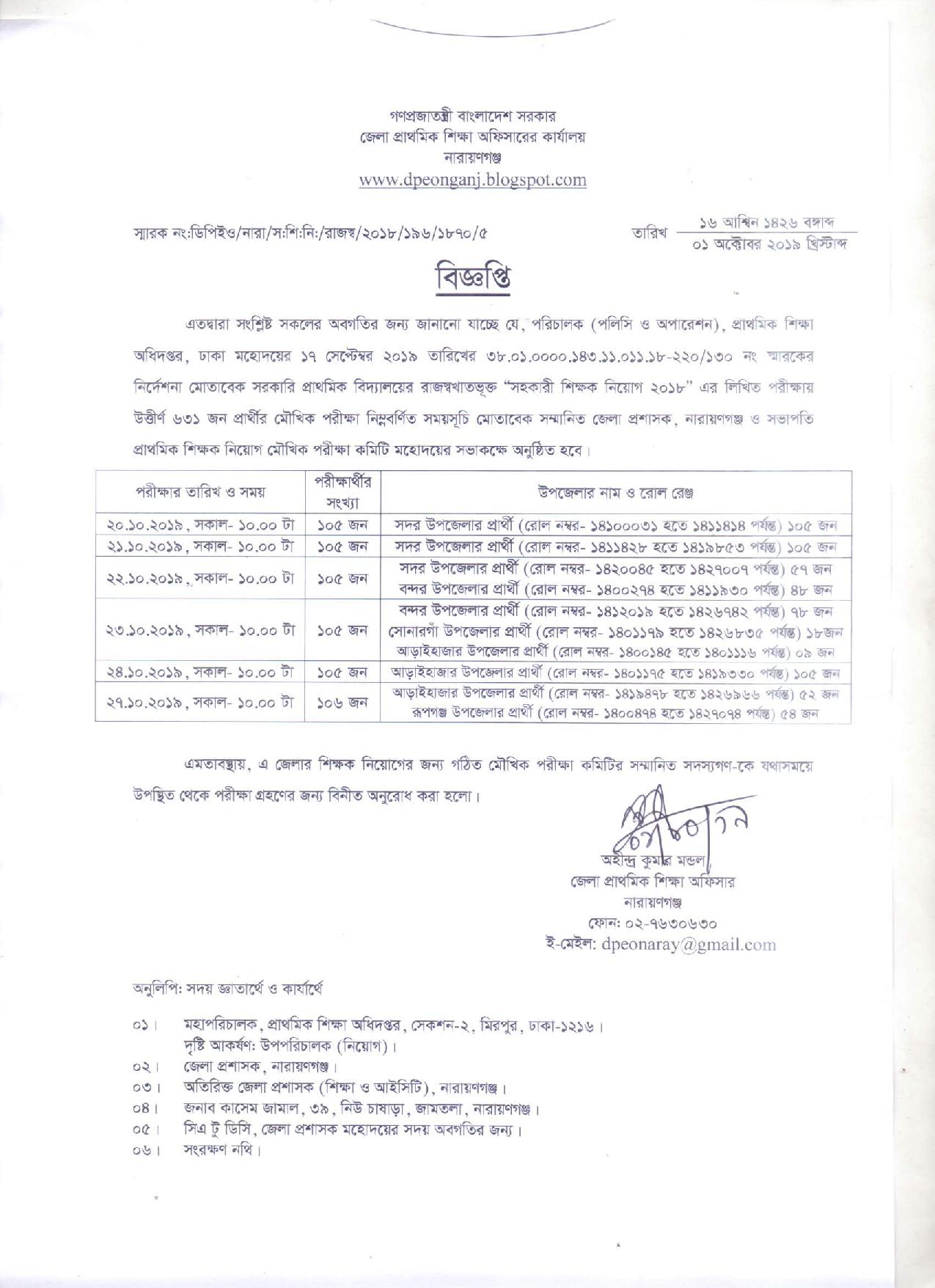 প্রাথমিকের সহকারী শিক্ষক নিয়োগের মৌখিক পরীক্ষার সময়সূচী প্রকাশ-নারায়ণগঞ্জ