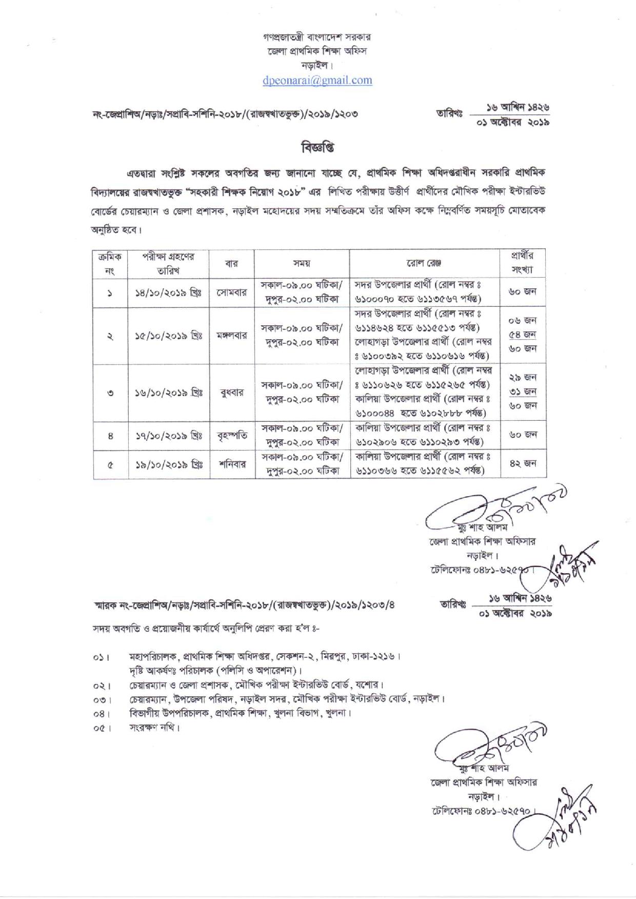 প্রাথমিকের সহকারী শিক্ষক নিয়োগ এর মৌখিক পরীক্ষার সময়সূচী প্রকাশ- নড়াইল