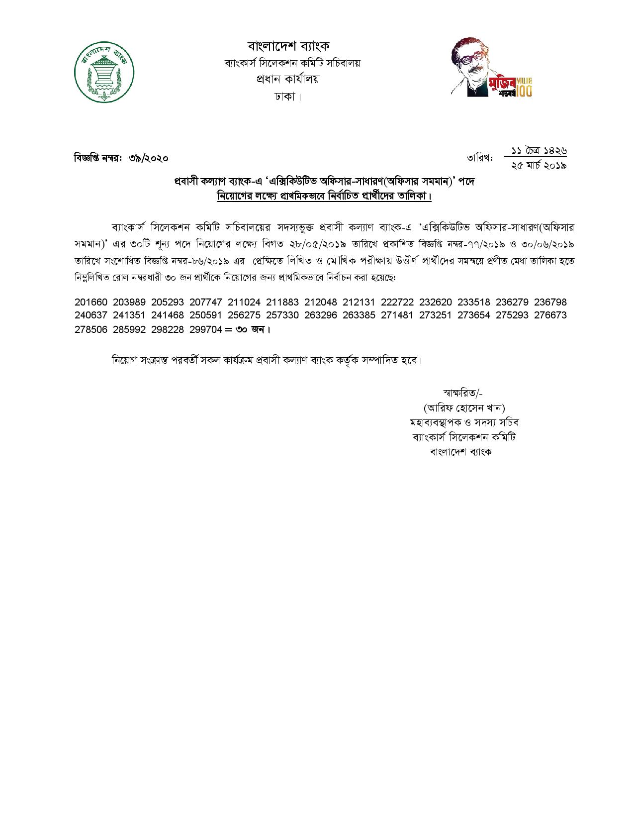 প্রবাসী কল্যাণ ব্যাংকের চাকরির চূড়ান্ত ফলাফল প্রকাশ