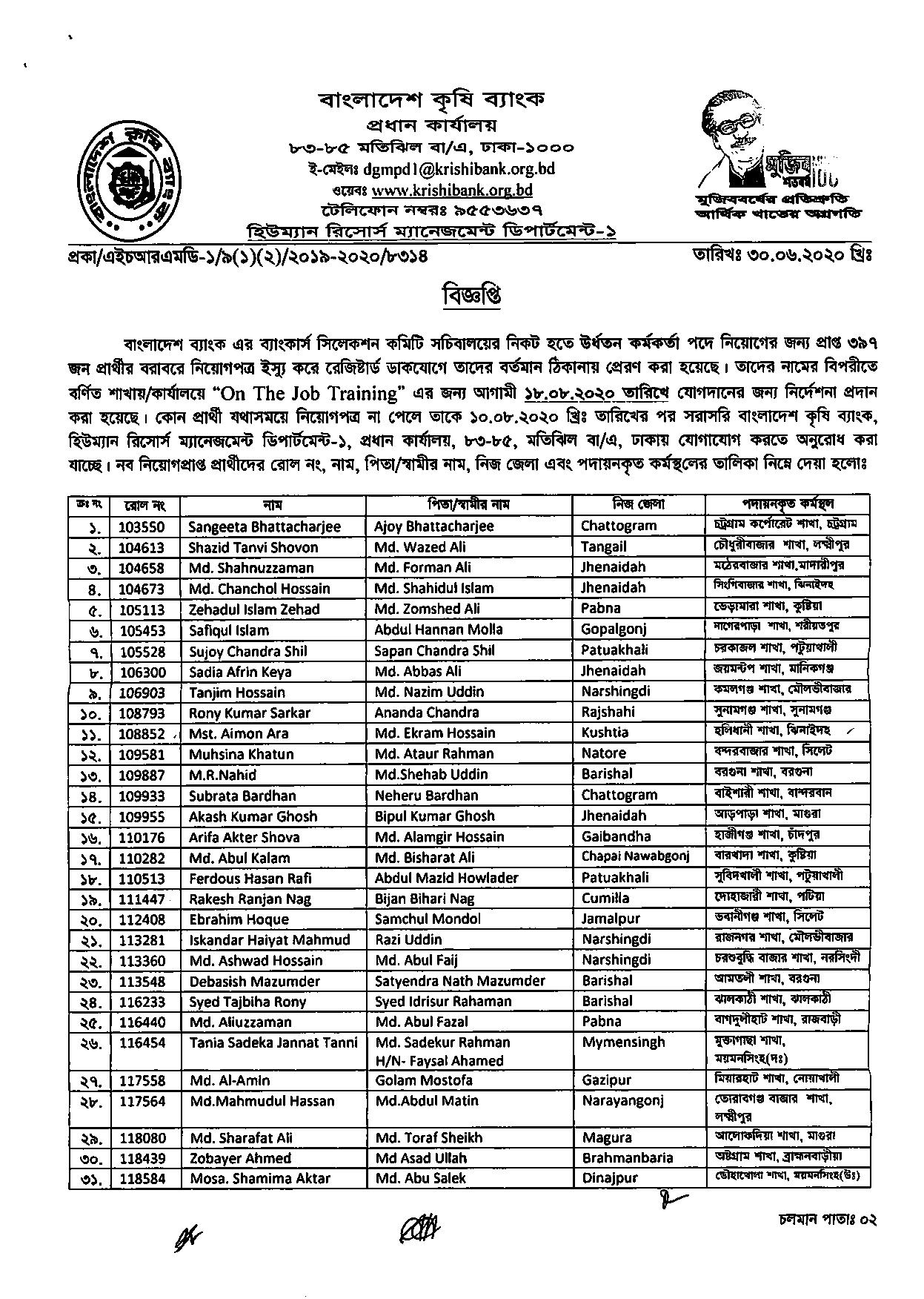 বাংলাদেশ কৃষি ব্যাংকের চাকরির চূড়ান্ত নিয়োগপত্র প্রকাশ