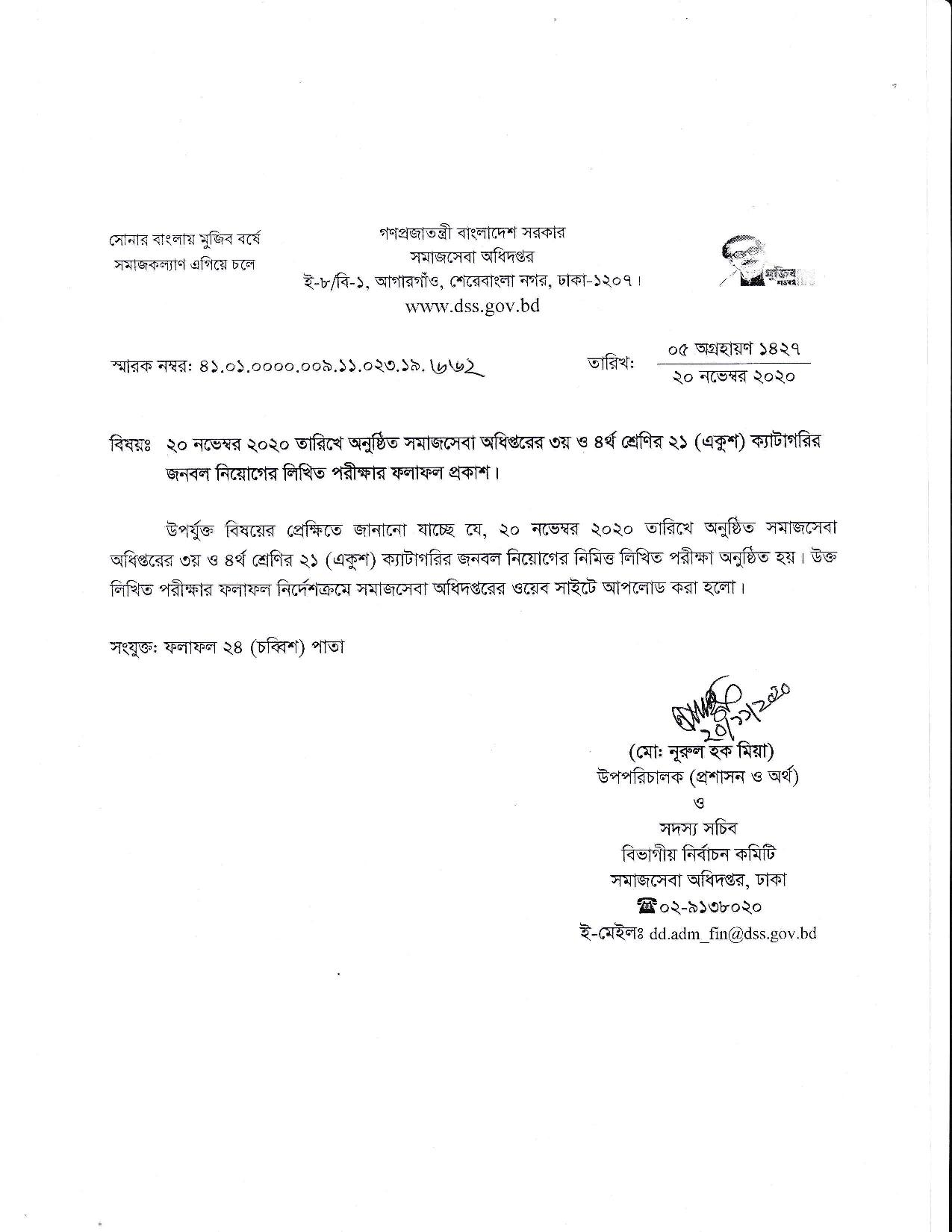 সমাজসেবা অধিদপ্তরের চাকরির পরক্ষার ফলাফল প্রকাশ